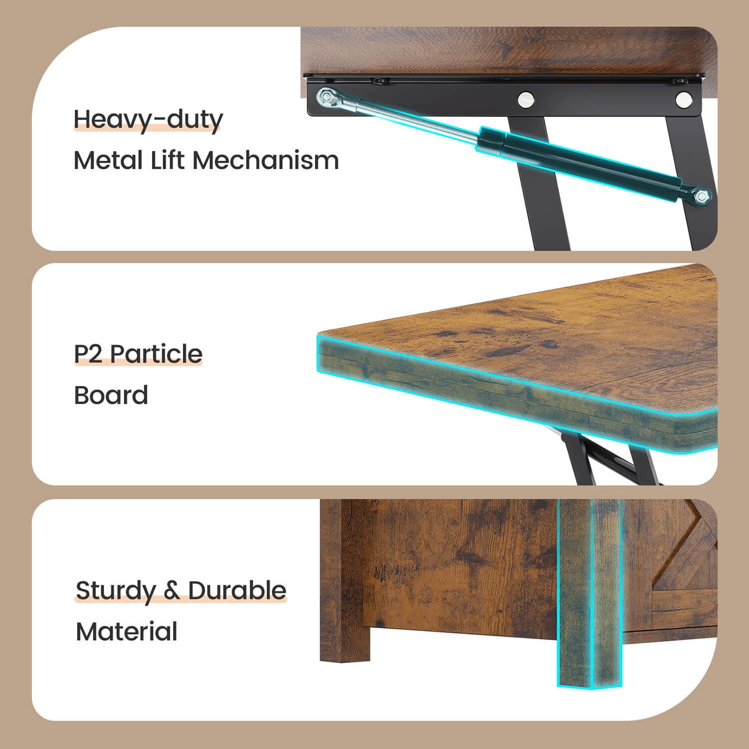 Sikaic Coffee Table 4 in 1 Multi-Function Lift Top Coffee Tables Converts to Dining Table Brown