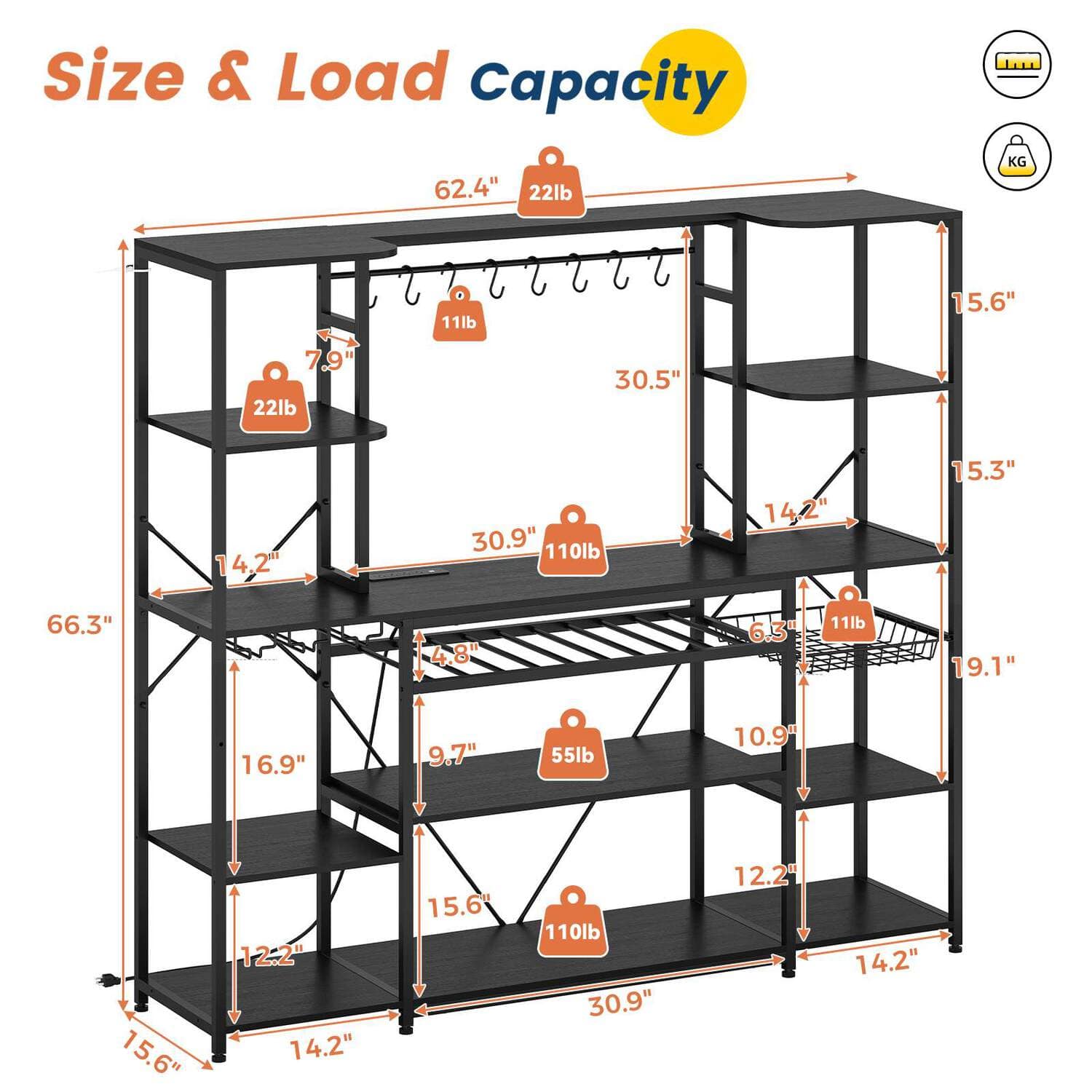 Sikaic Coffee Bar Coffee Bar with Power Outlet and Bakers Rack Microwave Stand Storage Shelves Wine Rack Goblet Holder Hooks Wire Basket Black