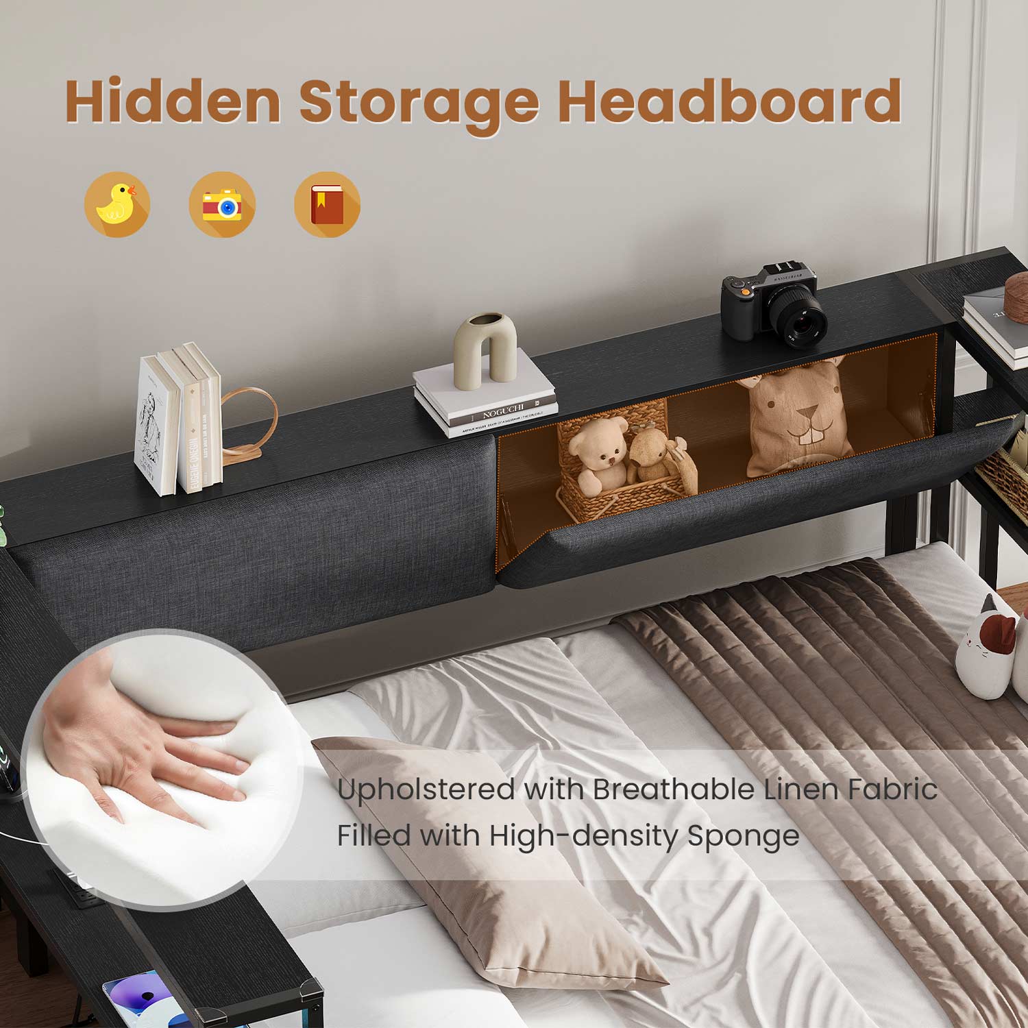 Sikaic Daybeds Full Size Daybeds with Charging Station and Storage Shelves Black Black / Full / Modern