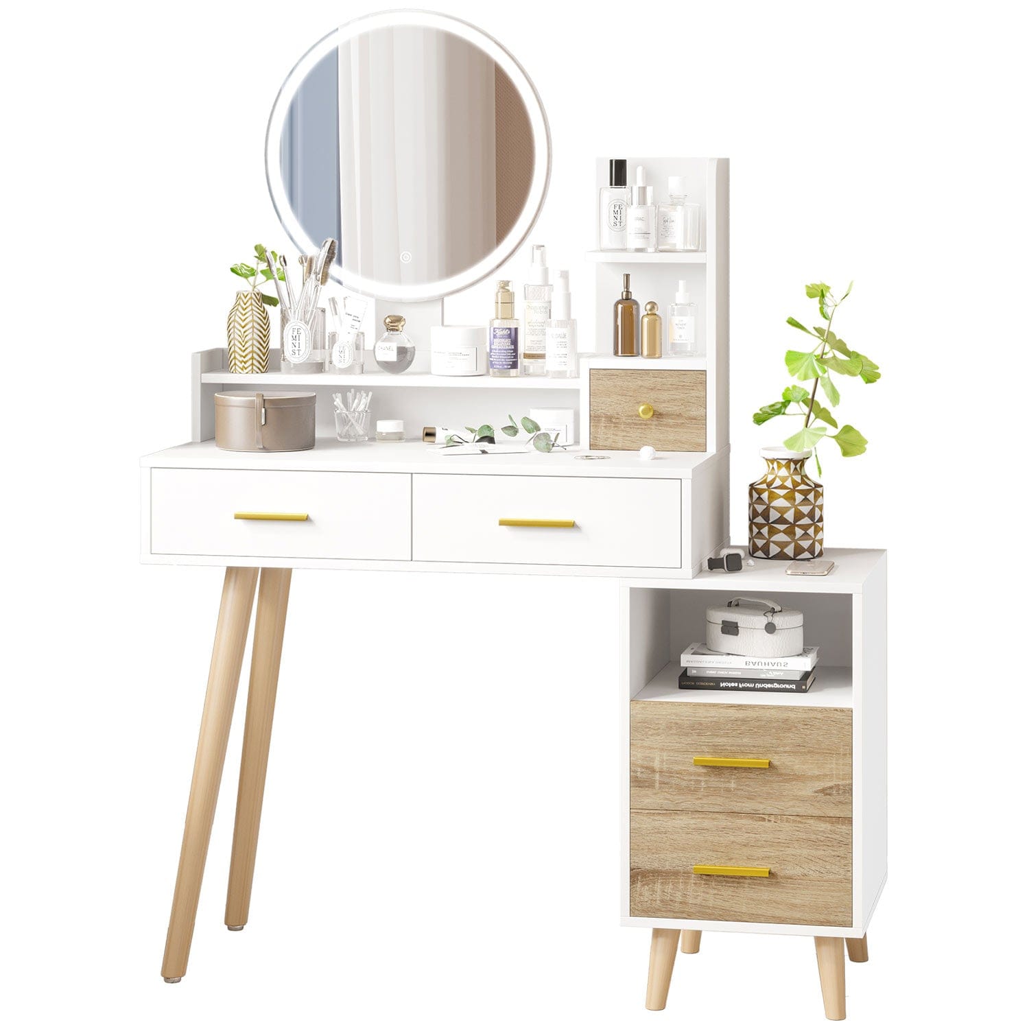 Sikaic Makeup Vanity LED Touch Screen Makeup Vanity Mirror with Nightstand and Open Shelves Storage Drawers White