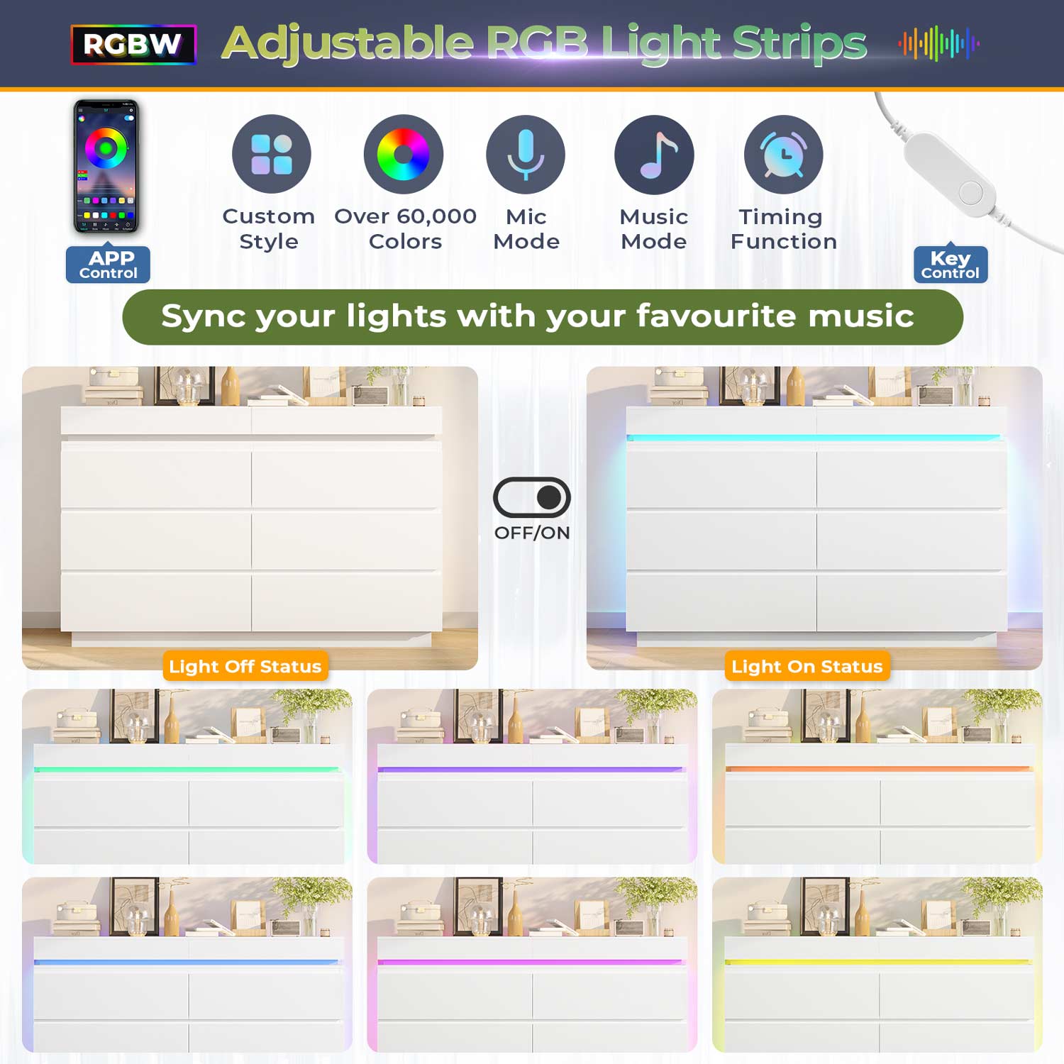 Sikaic Dresser LED Lights White Dresser for Bedroom with Charging Station and Sliding Desktop Drawers Large Storage Tower Clothes Organizer