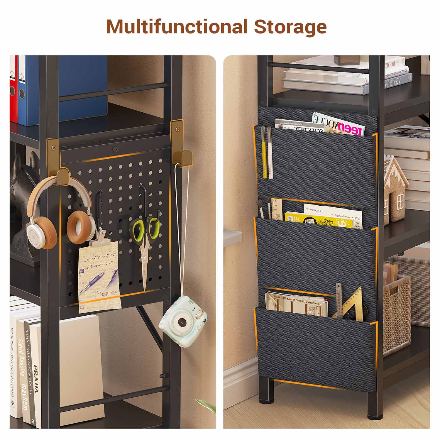 Sikaic Bookshelf 55 Inches Convertible Corner 5-Tier Tall Bookshelf with Pegboard Storage Bag & LED Light for Bedroom Black
