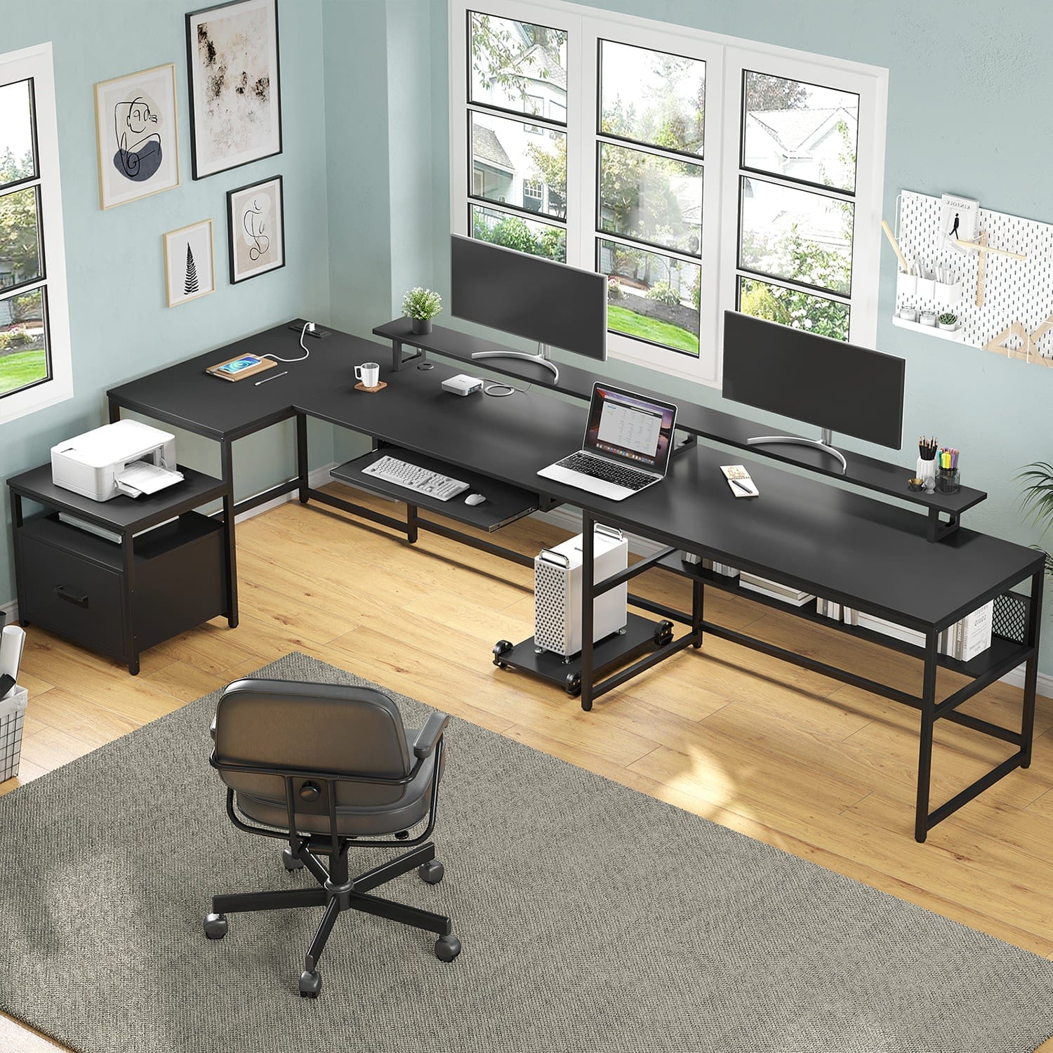 Sikaic Computer Desk 101.5 Inches U Shaped Reversible L Shaped Computer Desk with File Drawer Power Outlet Keyboard Tray Black