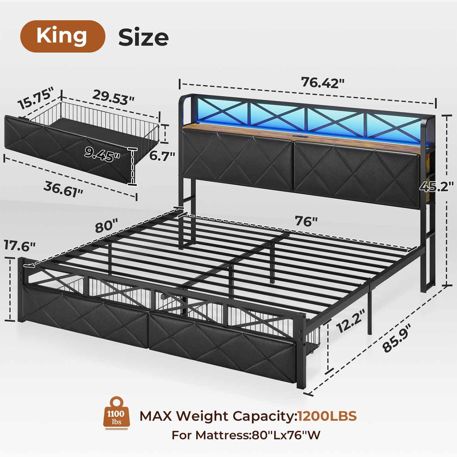 Sikaic Bed Frame LED Metal Bed Frame Storage Headboard with Charging Station Black