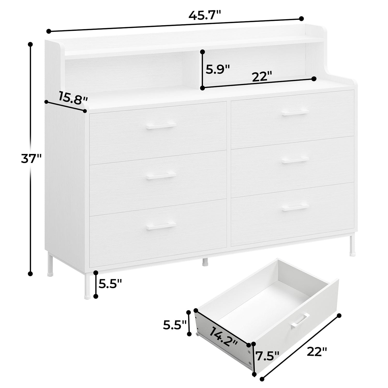 Sikaic Dresser Double Large Dresser with Shelves Wide Chest of 6 Drawers White