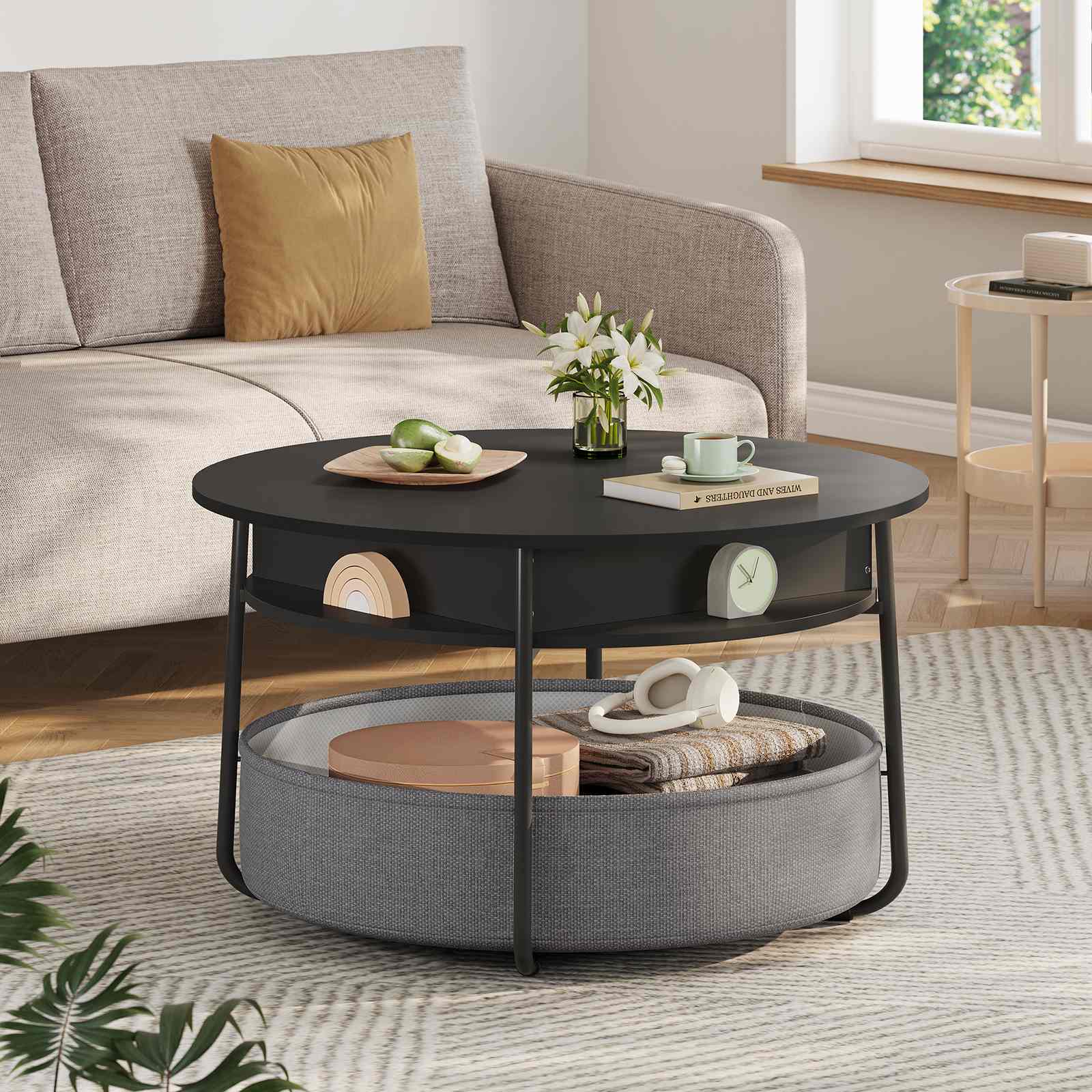Sikaic Coffee Table Lift Top Round Coffee Table with Fabric Basket Black Black / Engineered Wood / Modern