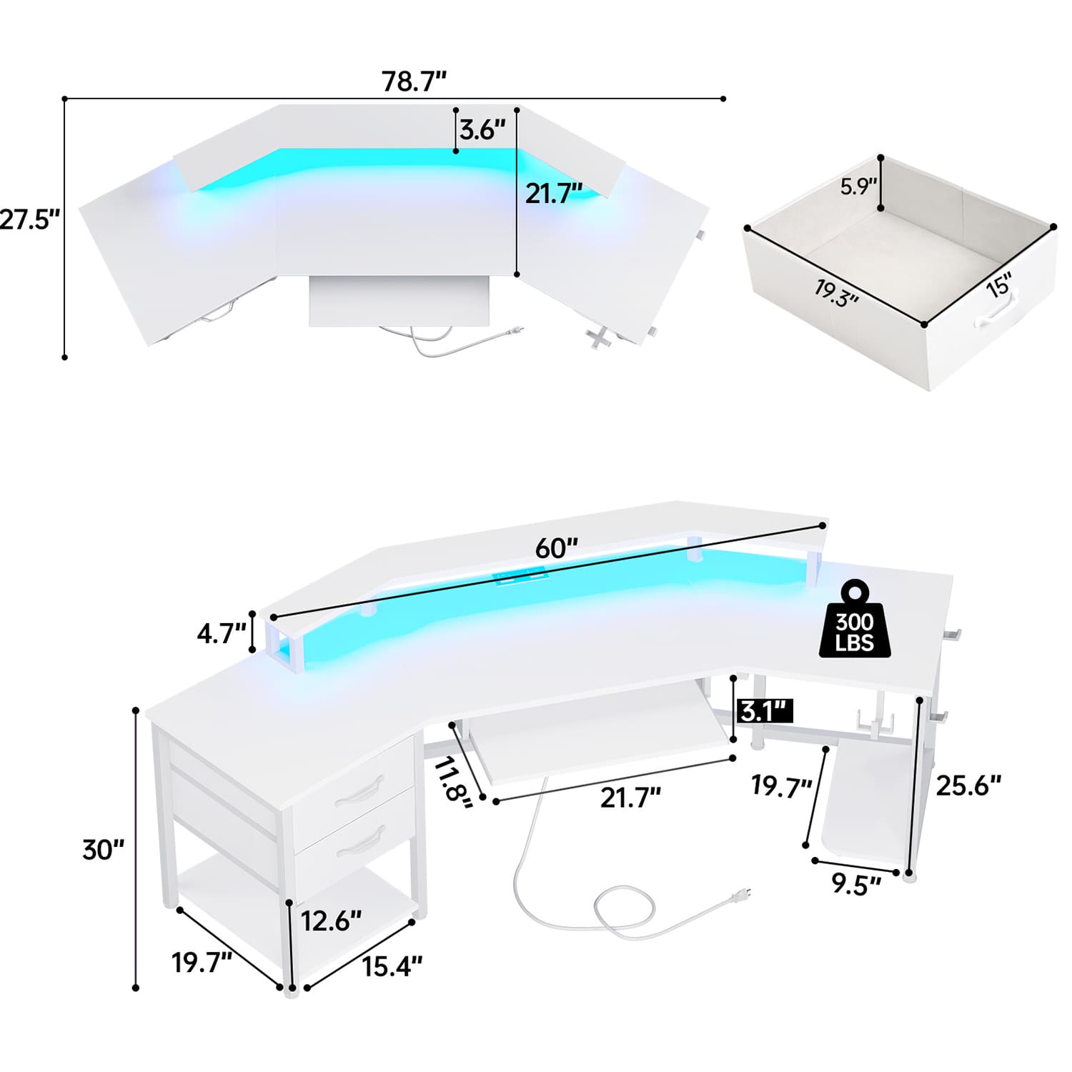Sikaic 79" L Shaped Carbon Fiber Gaming Desk with 2 Fabric Drawers LED Light Storage Shelf White