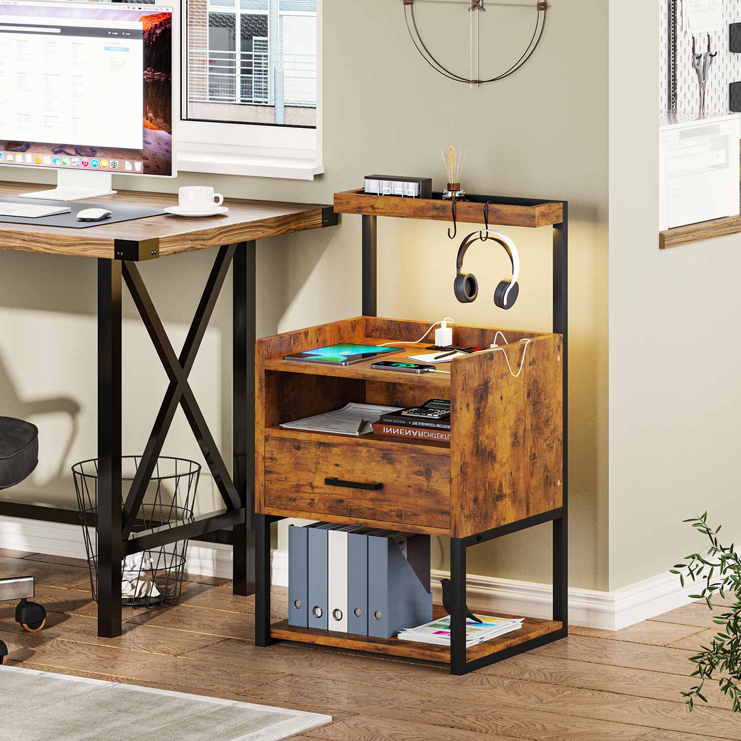 Sikaic Nightstand LED Nightstand with Charging Station & Shelf Brown