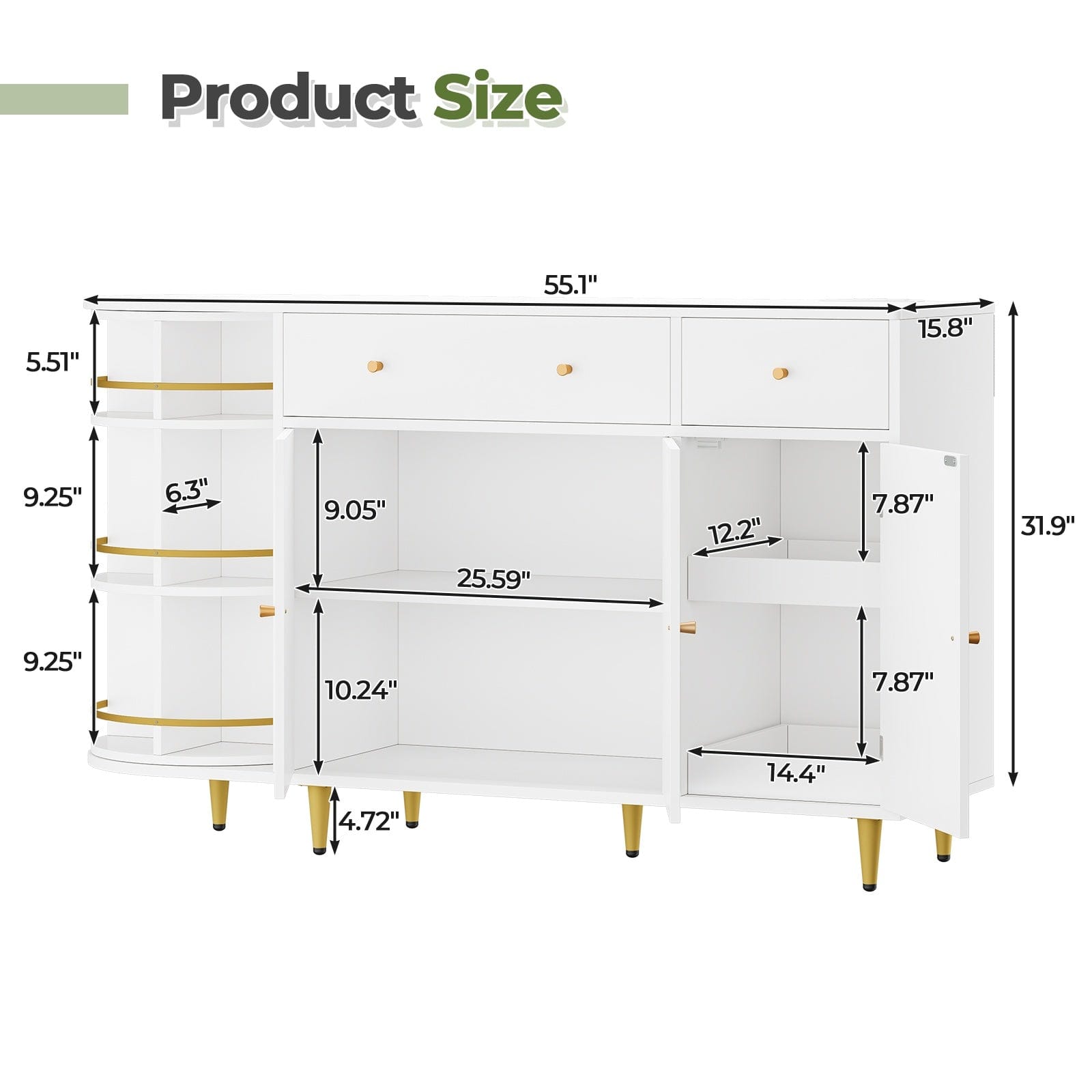 Sikaic Buffet Cabinet 55 Inches Buffet Cabinet White White / Engineered Wood / Modern