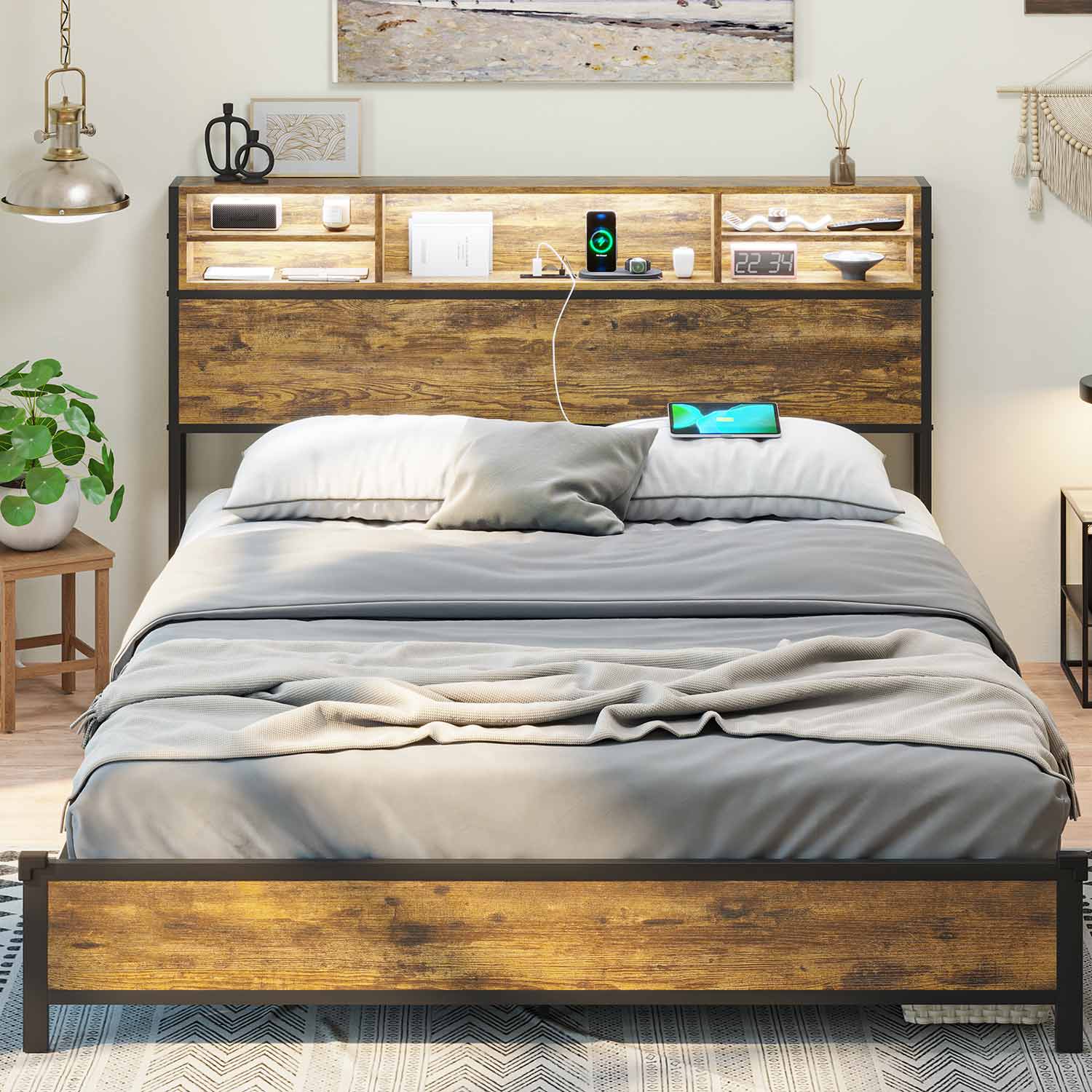Sikaic Bed Frame Metal Platform LED Bed Frame with Outlets and USB Ports No Box Spring Needed Brown