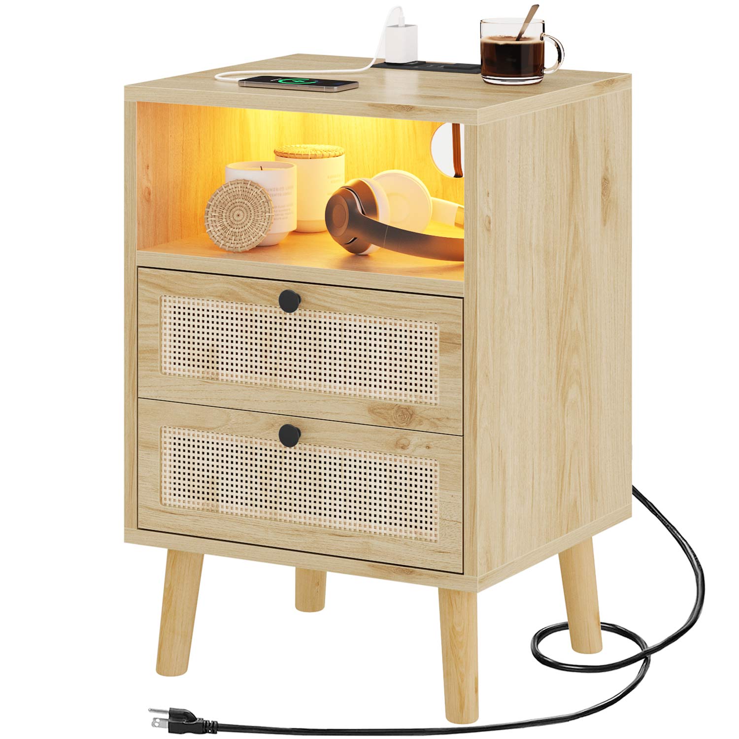 Sikaic Nightstand Rattan LED Nightstand with Charging Station Boho Bedside Table with 2 Drawers Natural
