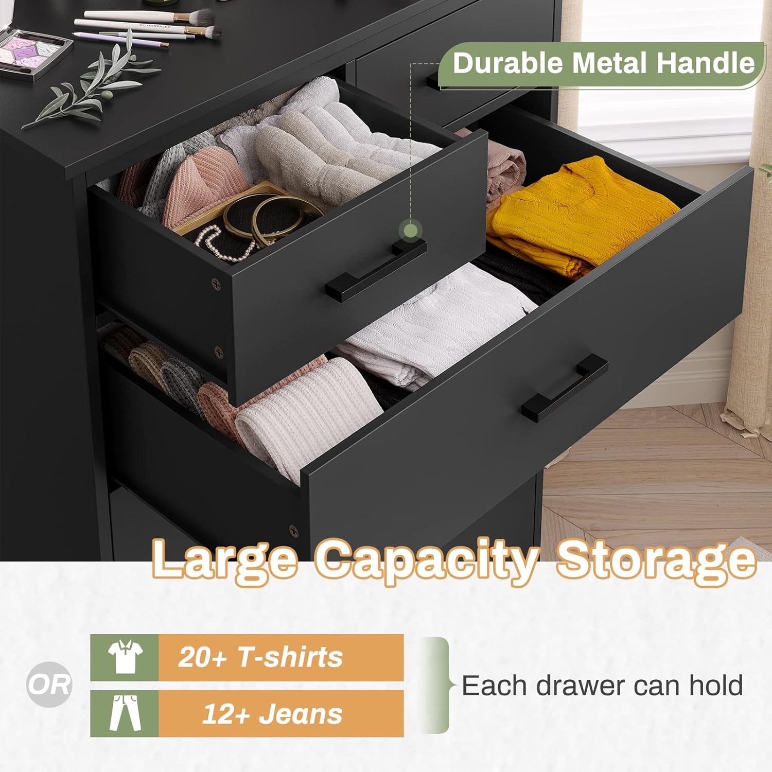 Sikaic Drawers Dresser 6 Drawers Dresser Wood Storage Clothes Organizer Black