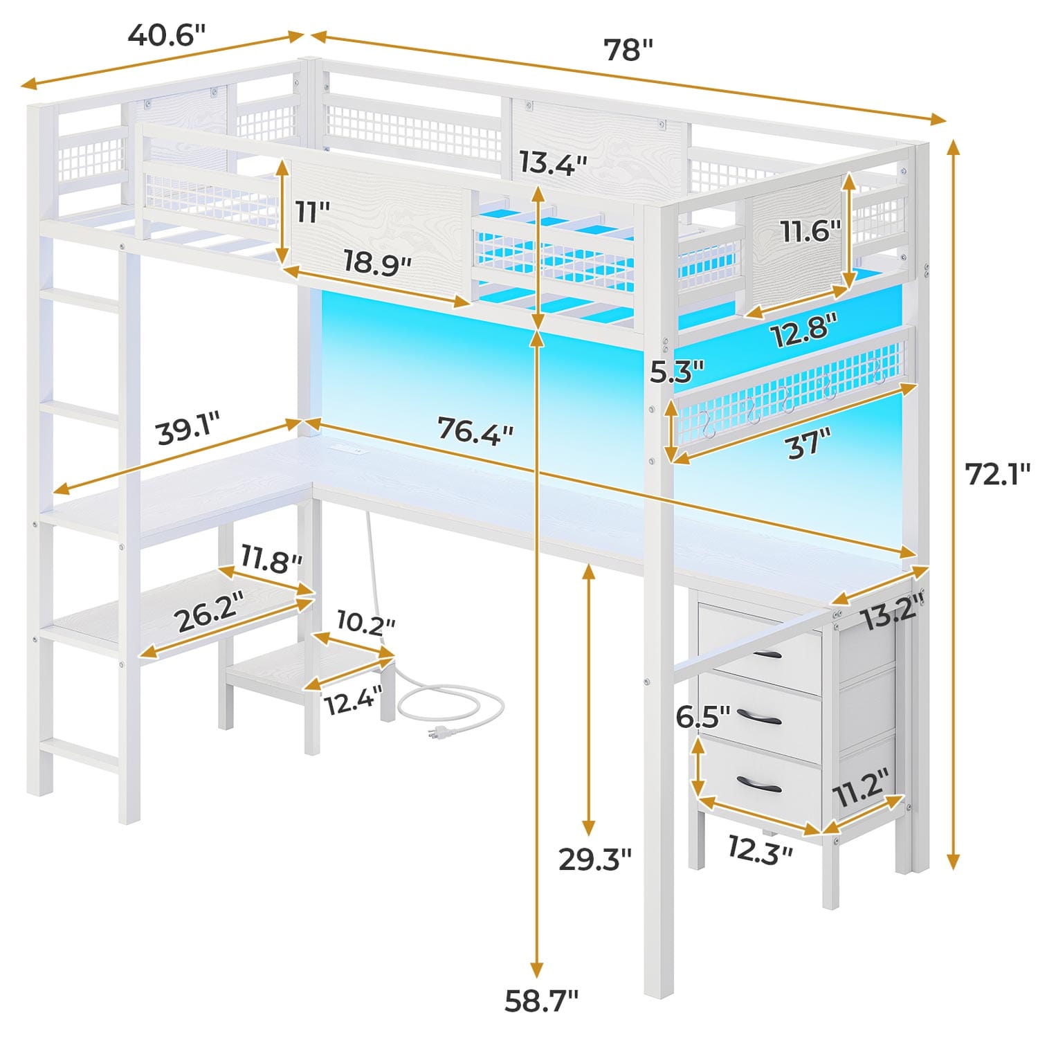 Sikaic Bed Frame Metal Loft Bed Frame Twin Size with L-Shaped Desk LED Lights Charging Station Drawers & Shelve White