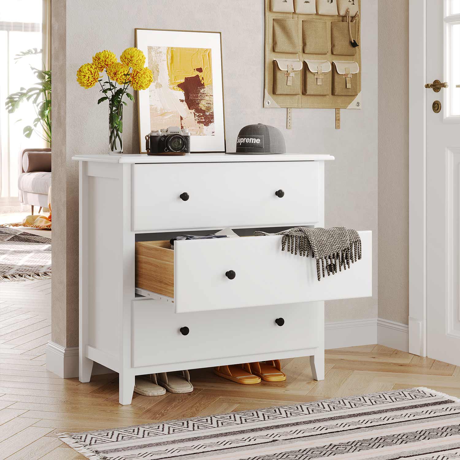 Sikaic Dresser 27.5''W Large Capacity Solid Wood Dresser with 3 Drawers Storage Cabinet White