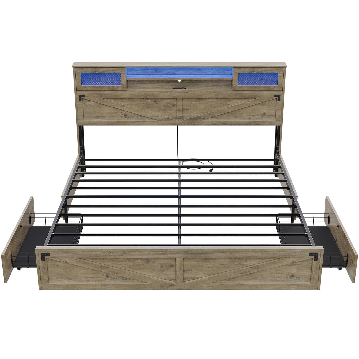 Sikaic Bed Frame Farmhouse Wooden Platform Bed Frame with Bookcase Sliding Door Headboard Drawers LED Lights Charging Station Rustic Oak