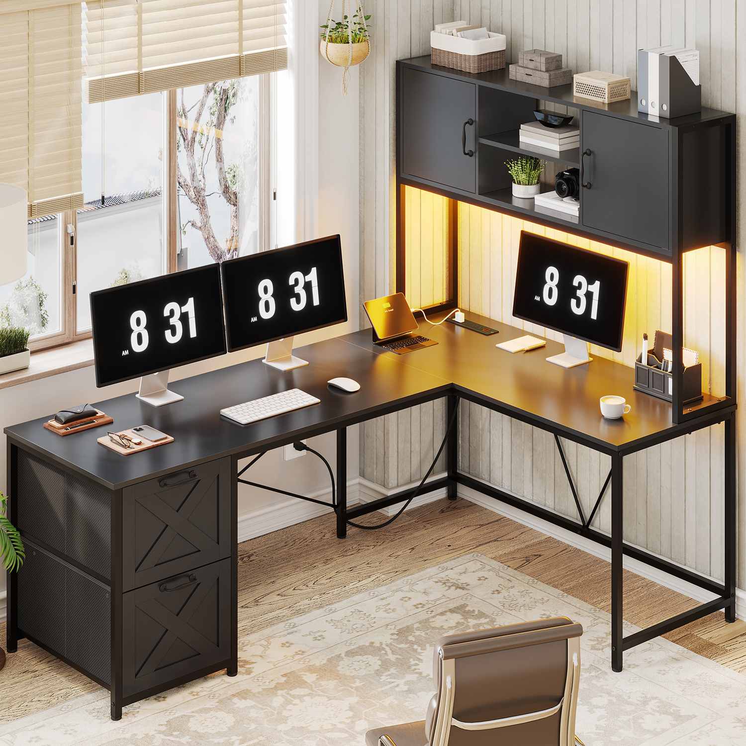 Sikaic Gaming Desk LED lights L Shaped Gaming Desk with Fabric File Drawers and Power Outlet Hutch & Storage Shelves Black