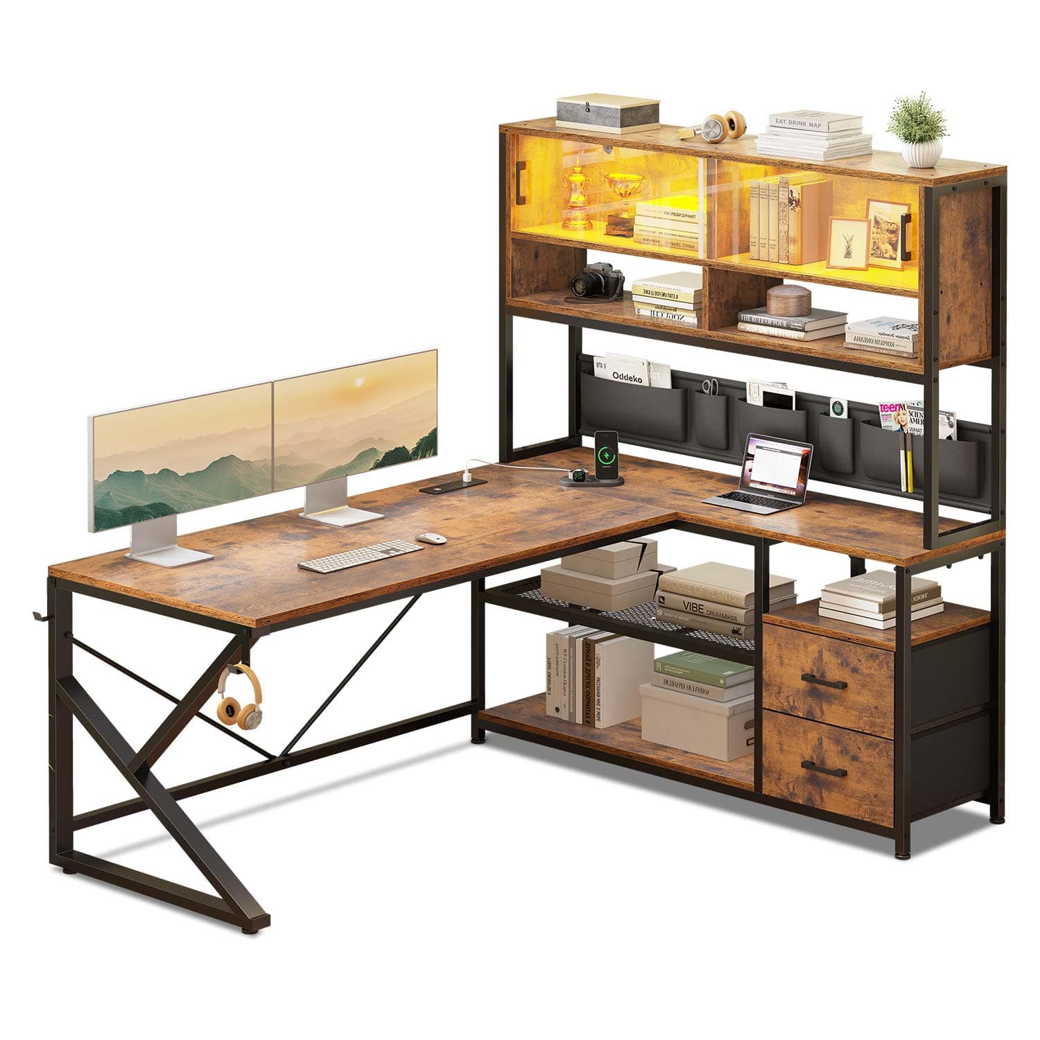 Sikaic Gaming Desk LED L Shaped Gaming Desk Brown Brown / Engineered Wood / Modern