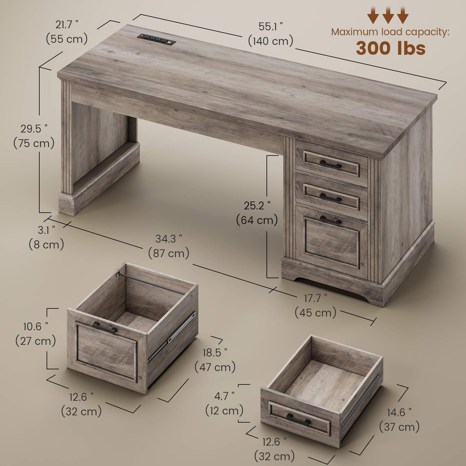 Sikaic Computer Desk 55" Computer Desk with Storage Drawers and Power Outlet Grey Grey / Engineered Wood / Modern