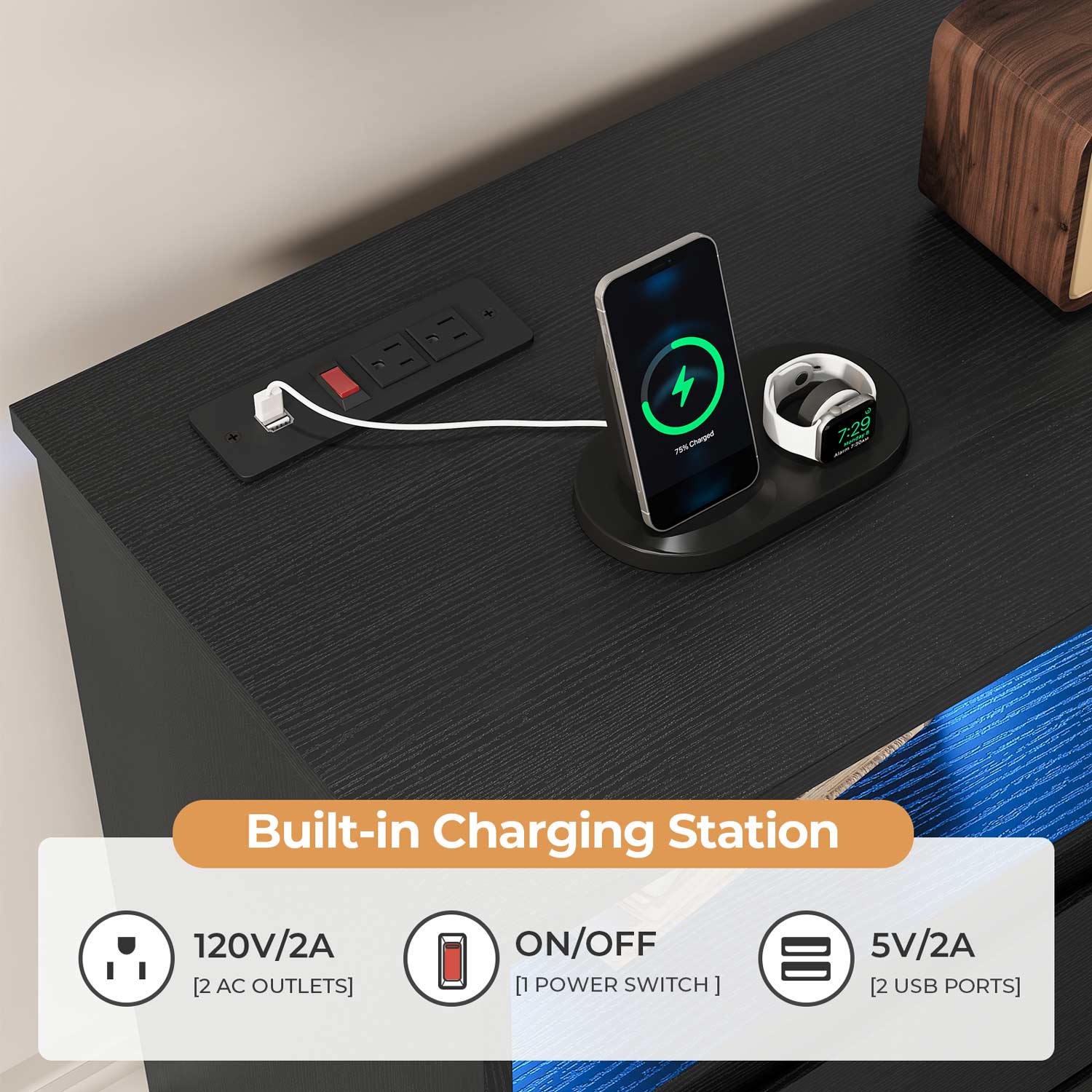 Sikaic Dresser Dresser for Bedroom with LED Lights and Charging Station Black
