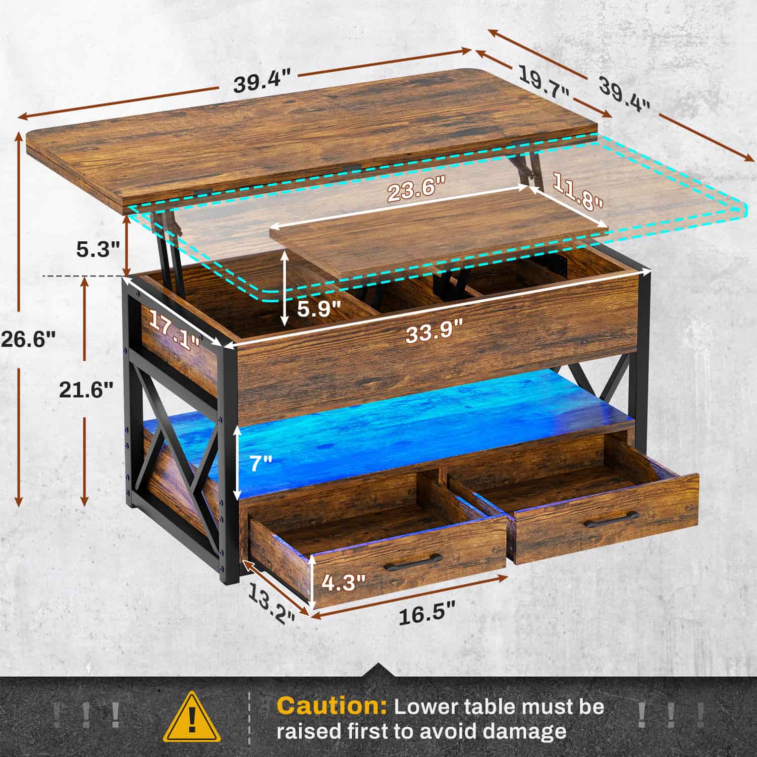 Sikaic Coffee Table 40" Inches Lift Top 4 in 1 LED Coffee Table with 2 Drawers Storage Brown