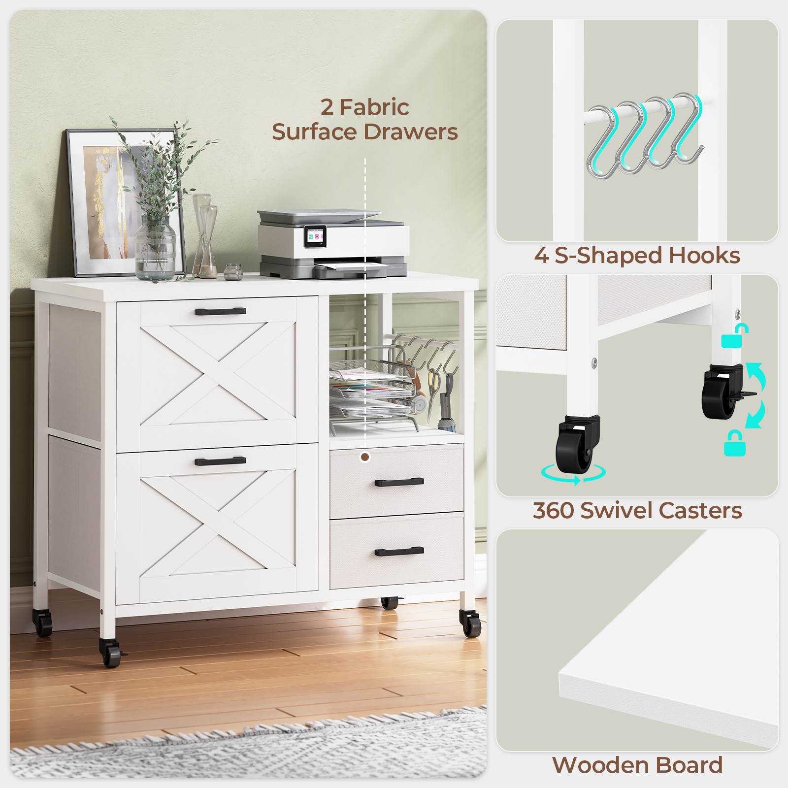 Sikaic File Cabinet File Cabinet with Wheels White White / Engineered Wood / Modern