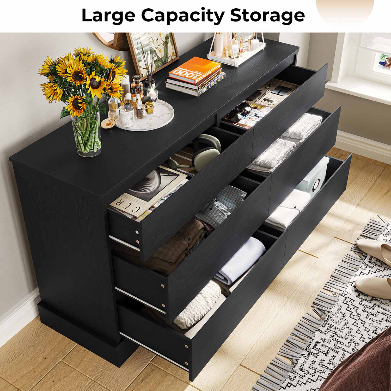 Sikaic Dressers 51.5 Inches Width 6 Drawers Dresser Large Capacity Clothing Storage Cabinet Black