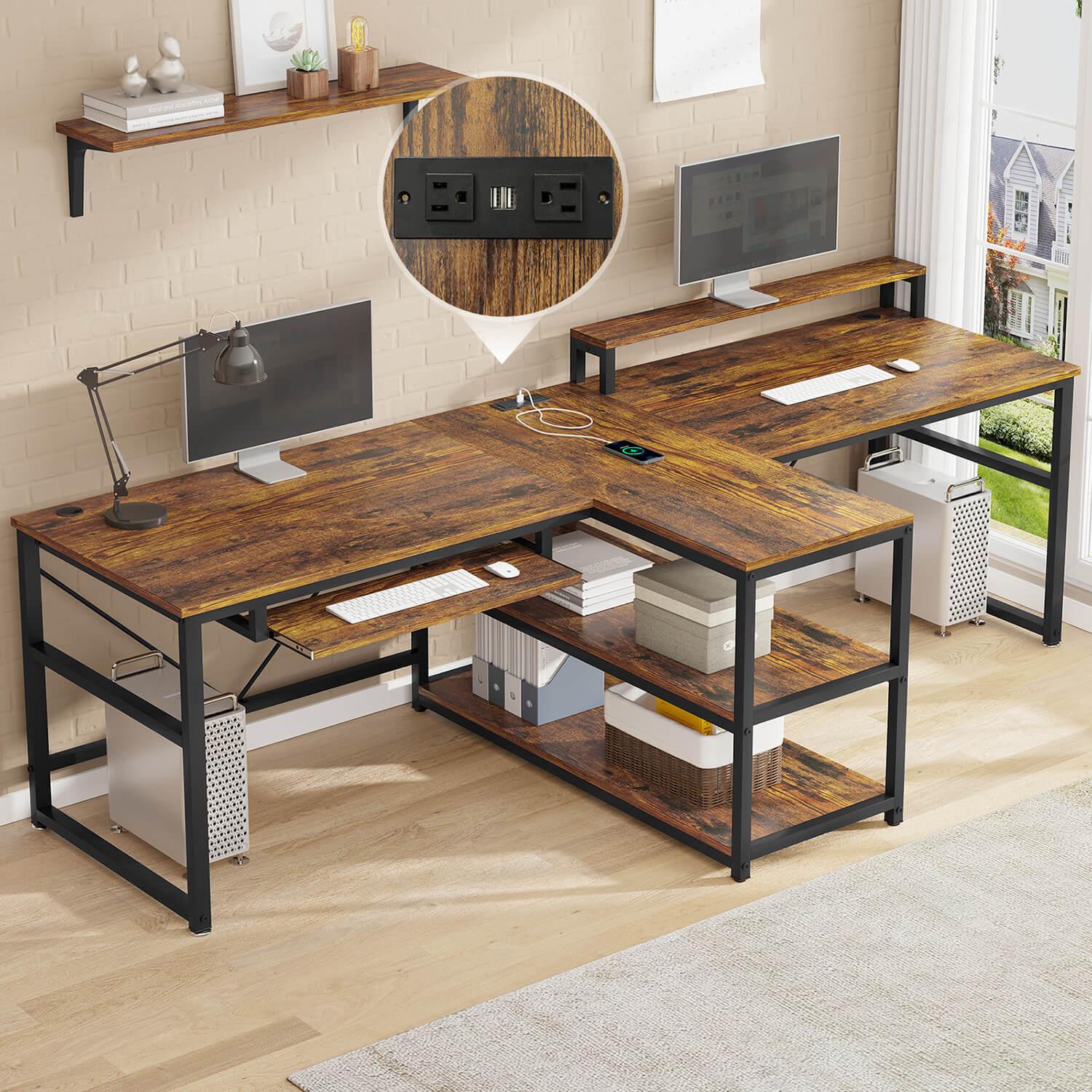 Sikaic 94.5" T Shaped 2 Person Modern Gaming Desk with Storage LED Lights Keyboard Tray Rustic Brown
