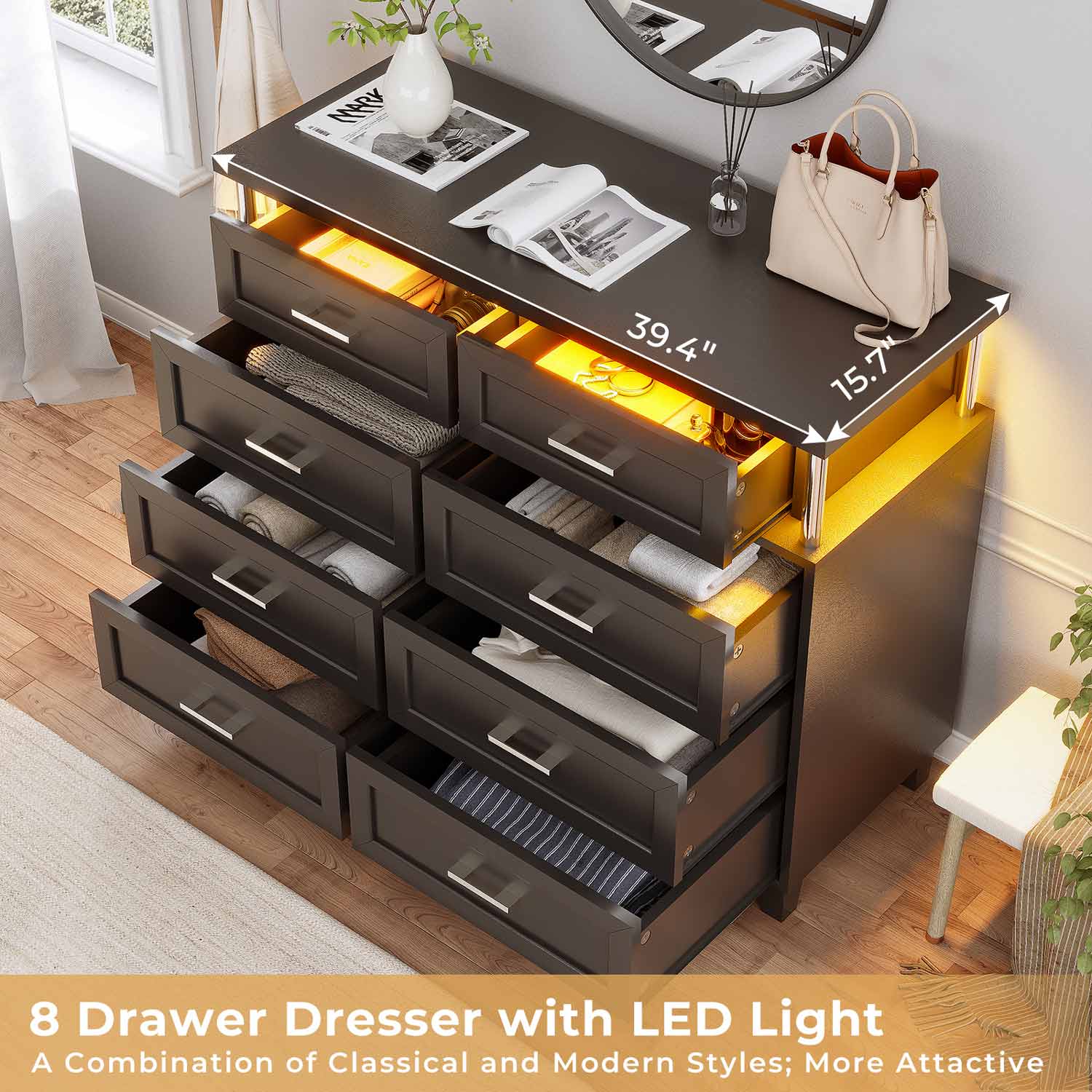 Sikaic Dresser 8 Drawers Dresser with Column Design & Led Lights Black