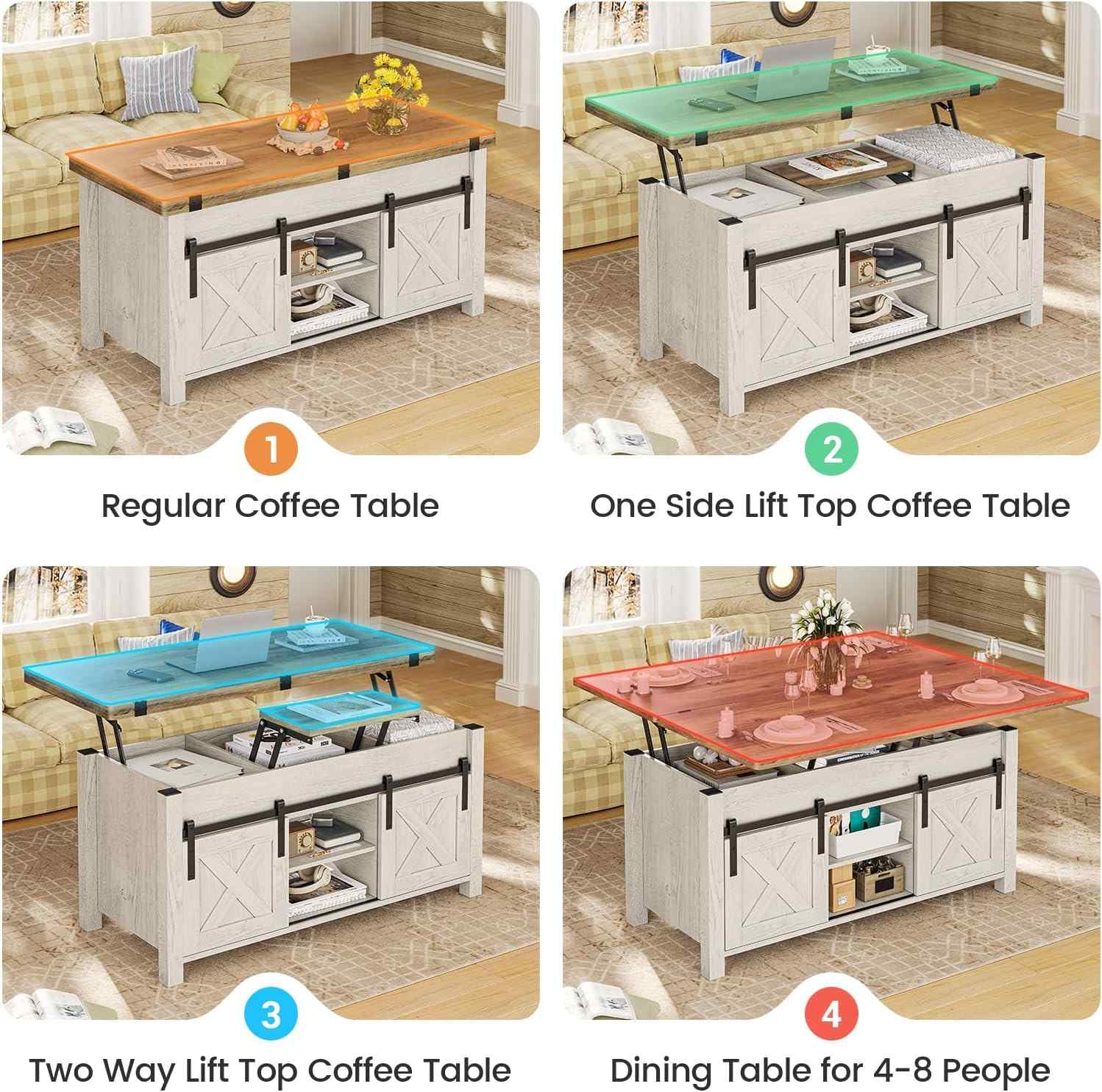 Sikaic Coffee Table 4 in 1 Multi-Function Lift Top Coffee Table White White / Engineered Wood / Farmhouse