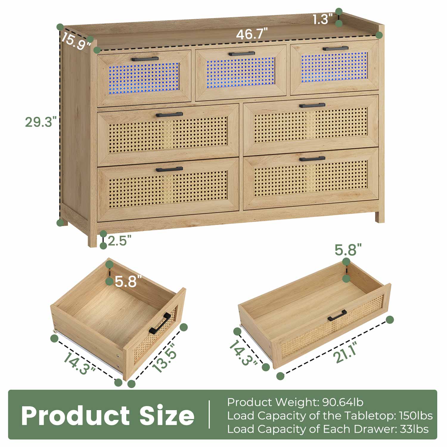 Sikaic Dressers 7 Drawer Dressers for Bedroom with Led Light Natural Rattan