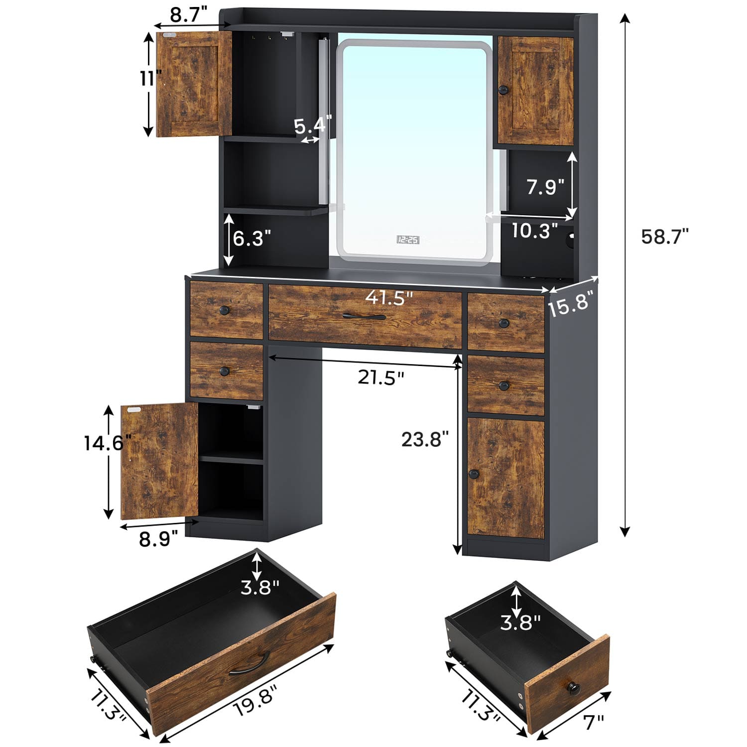 Sikaic Makeup Vanity LED Makeup Vanity With Outlet Smart Mirror Drawers Vintage Brown