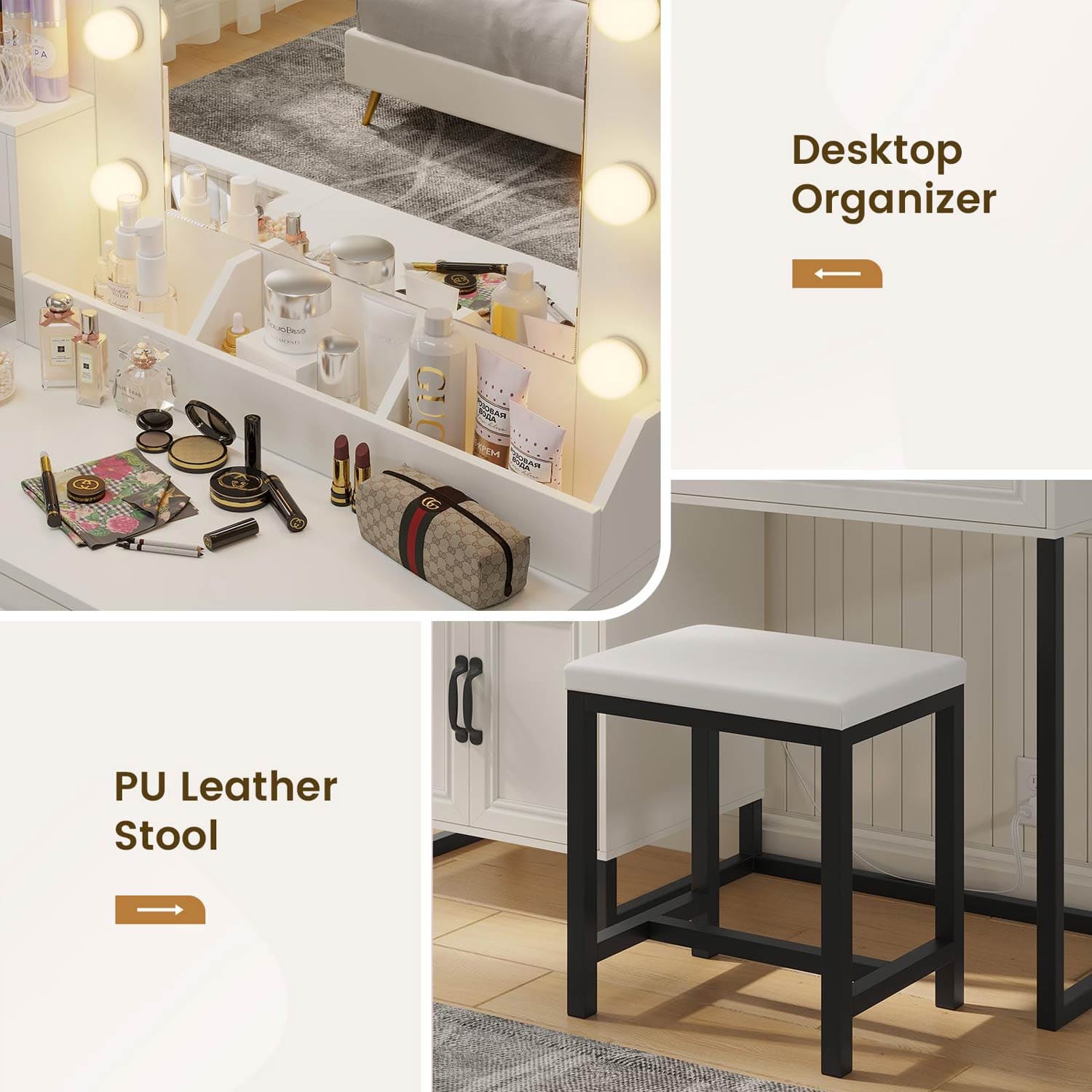 Sikaic Makeup Vanity Glass Top Makeup Vanity Desk with Lighted Mirror & Bench Charging Station Double Door Cabinet White & Black