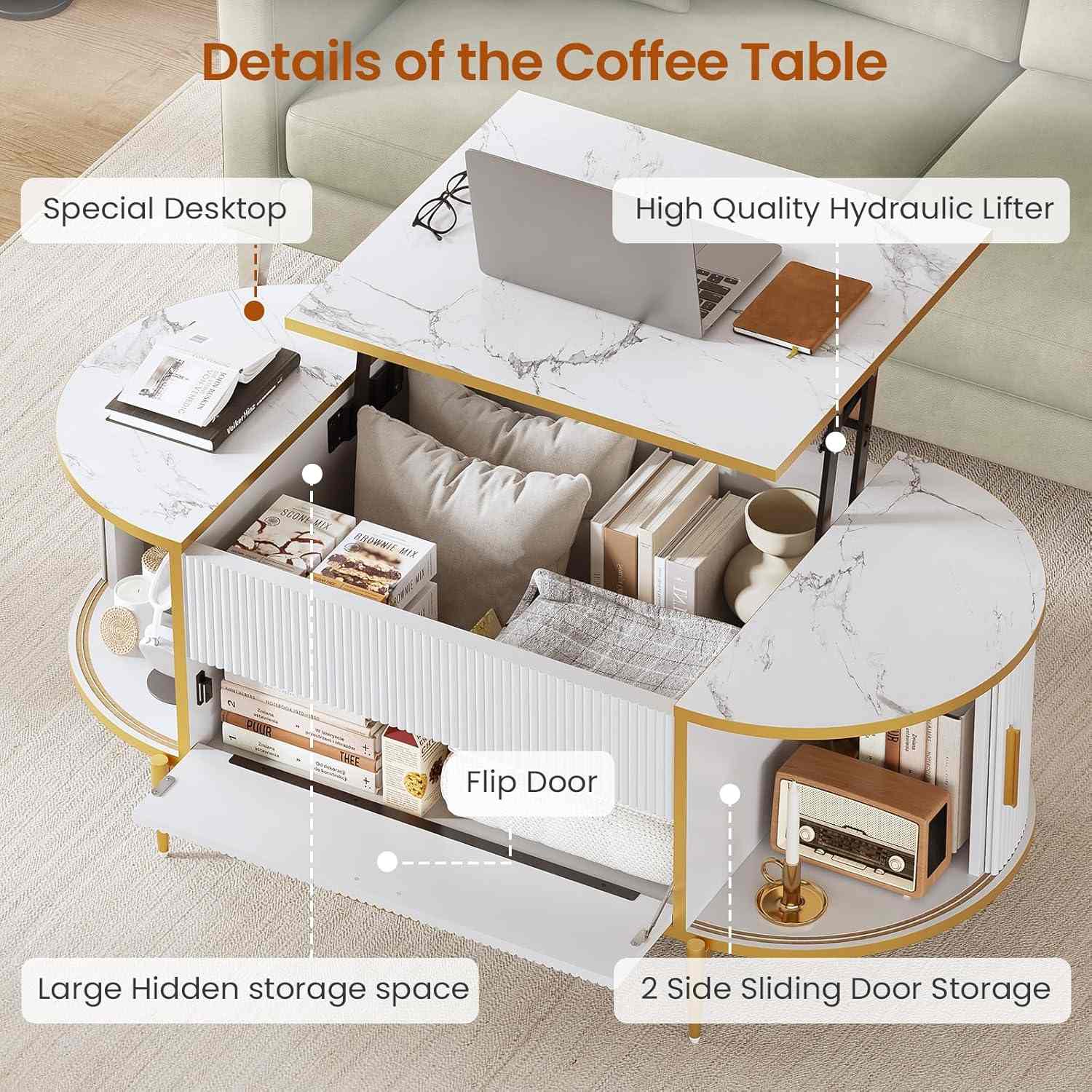 Sikaic Coffee Table Fluted Lift Top Coffee Table with Storage White White / Engineered Wood / Modern