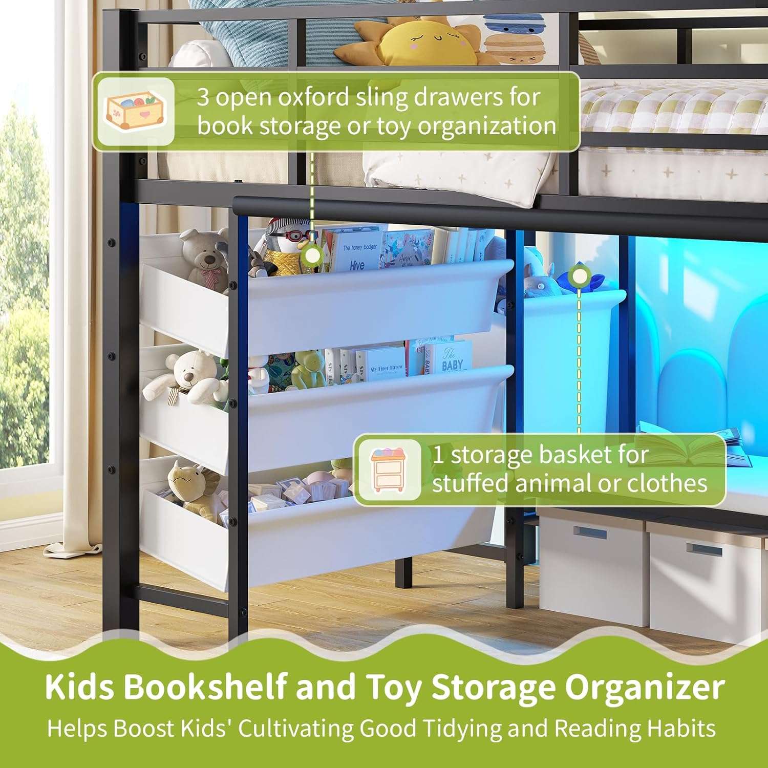Sikaic Loft Bed Frame Low Loft Bed Twin Size with Reading Corner and Storage Basket Black Black / Metal / Modern