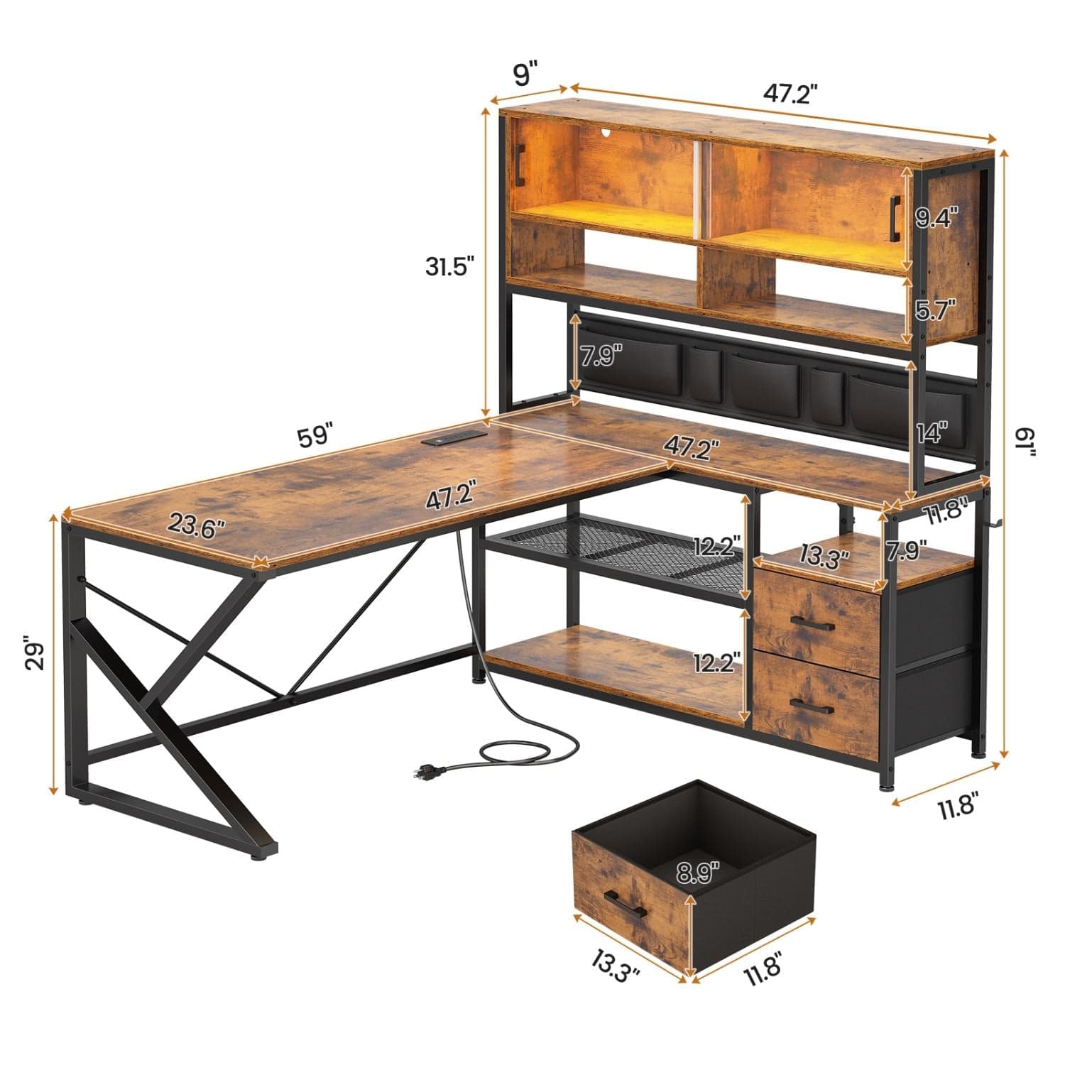 Sikaic Gaming Desk LED L Shaped Gaming Desk Brown Brown / Engineered Wood / Modern