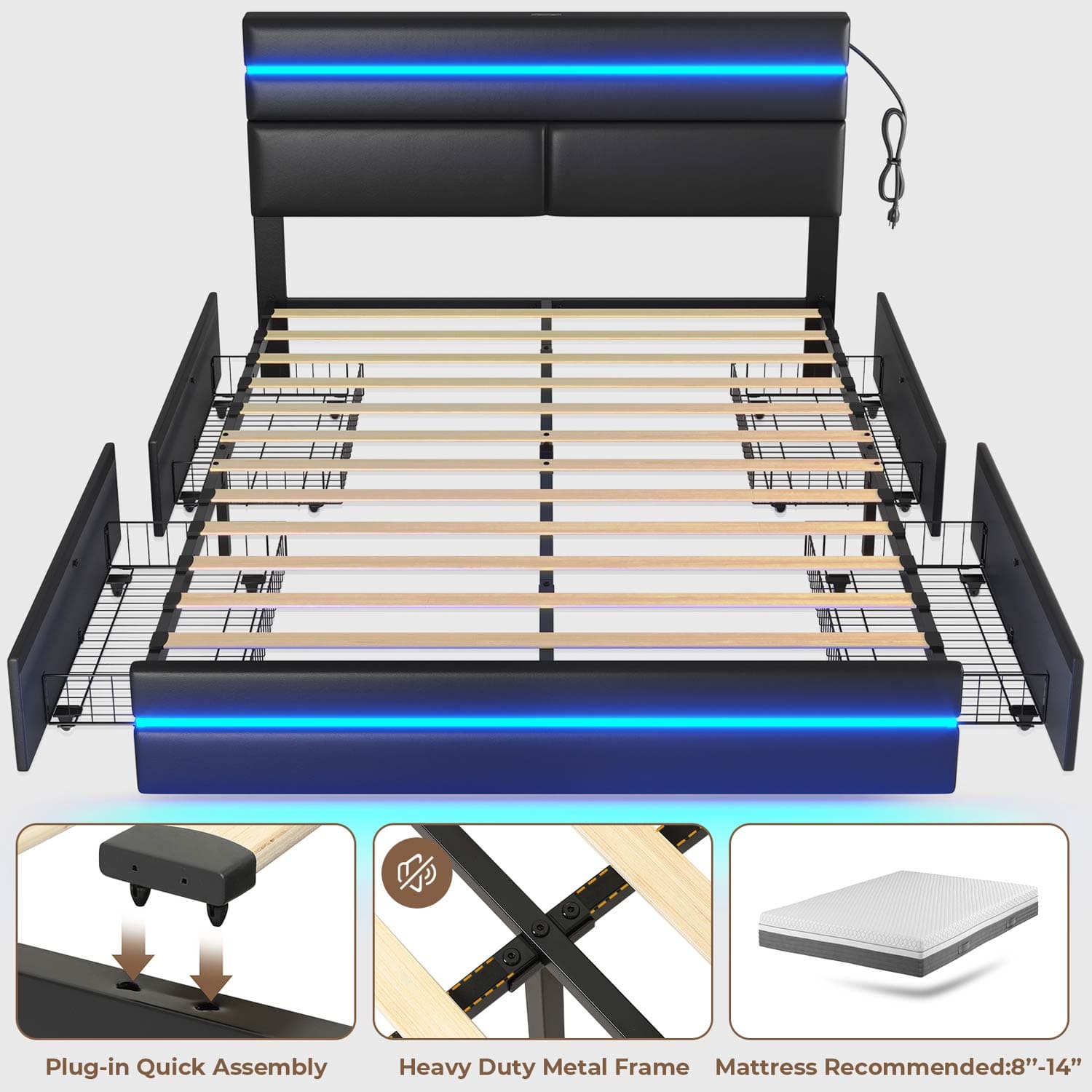 Sikaic Bed Frame Platform Metal Bed Frame with Charging Station and  LED Lights Headboard & 4 Drawers No Box Spring Needed Black