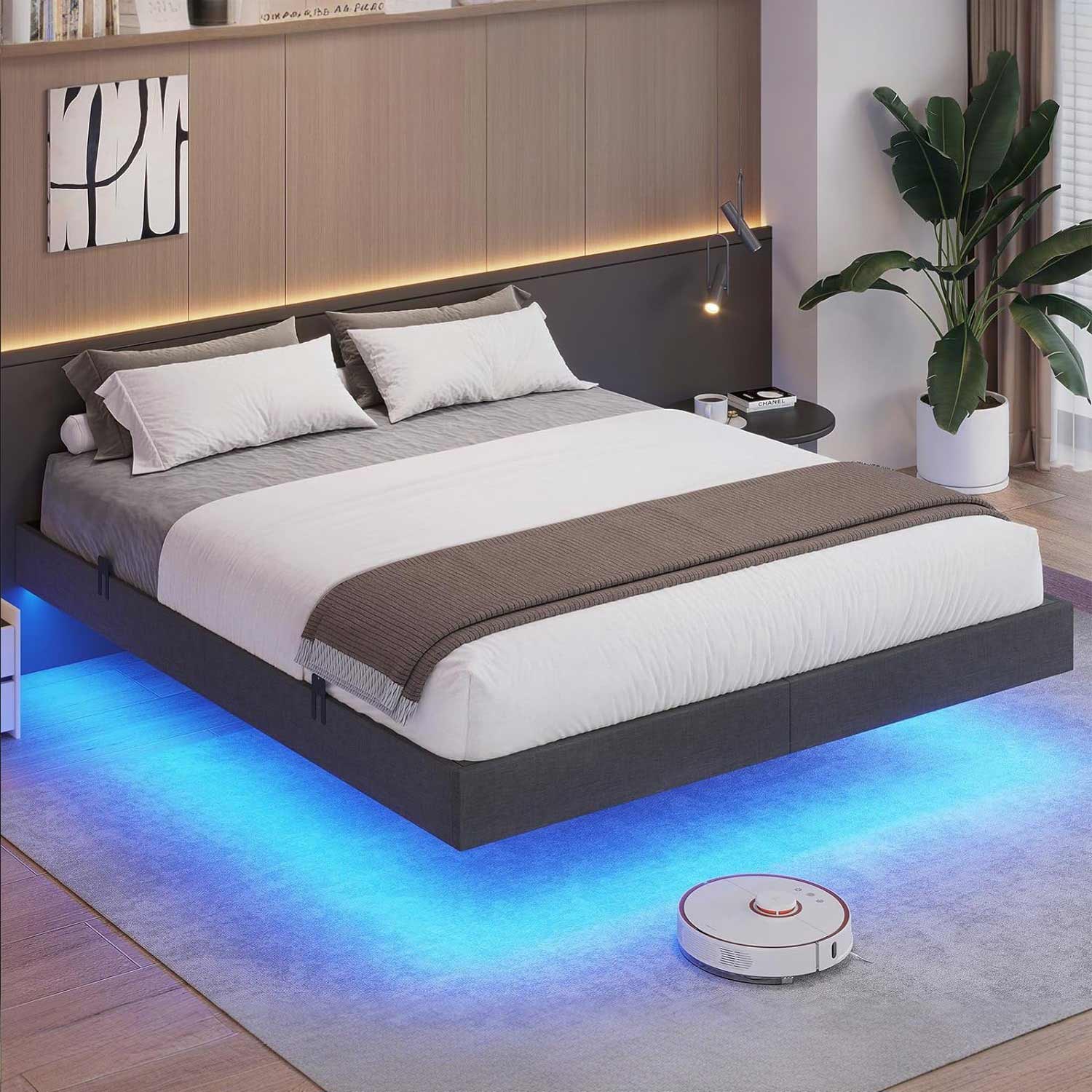 Sikaic Bed Frame Floating Bed Frame Linen Upholstered Platform with LED Lights Underbed Storage Space No Box Spring Needed Dark Grey
