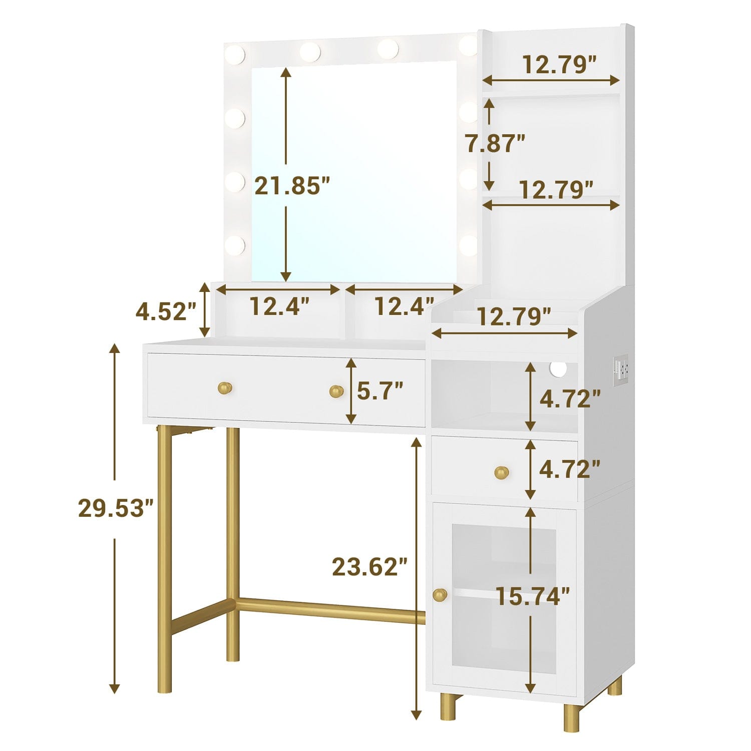 Sikaic Makeup Vanity LED Makeup Vanity with Mirror Charging Station Open Storage Shelves 3-Compartment Organizer White