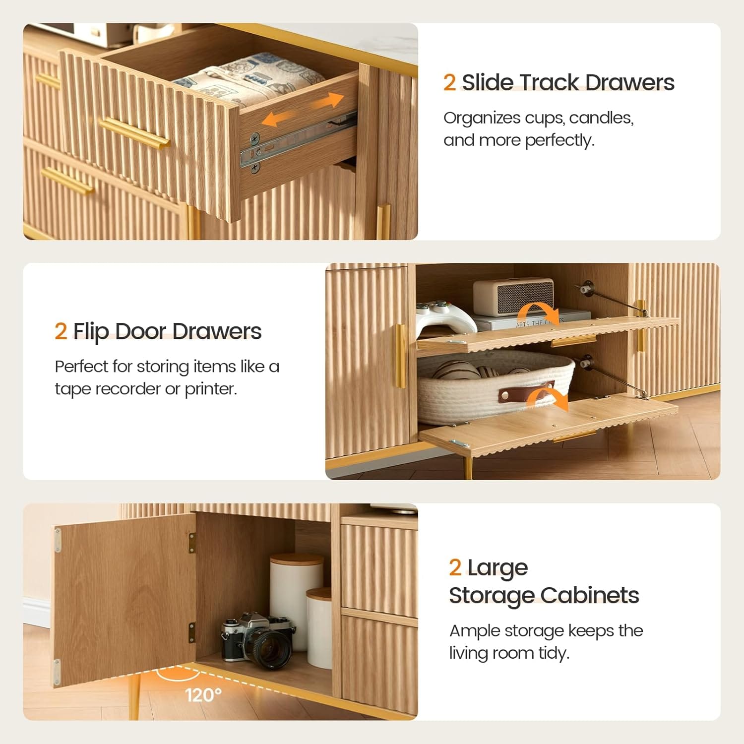 Sikaic TV Stands 70 Inches Fluted TV Stand with Side Sliding Door Natural Oak Natural Color / Engineered Wood / Modern