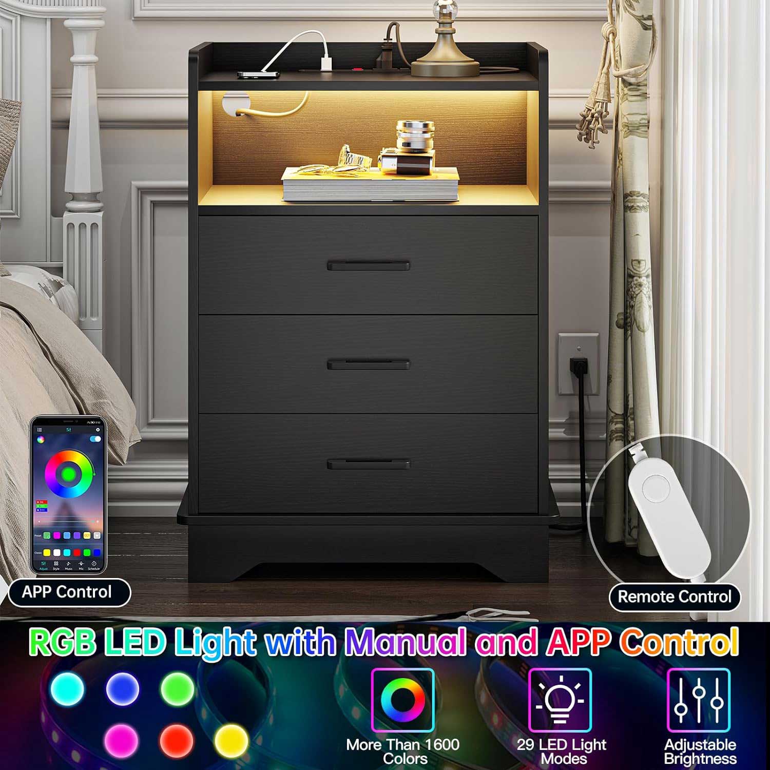 Sikaic Nightstands LED Nightstand with Charging Station 3 Drawers and Open Storage Black