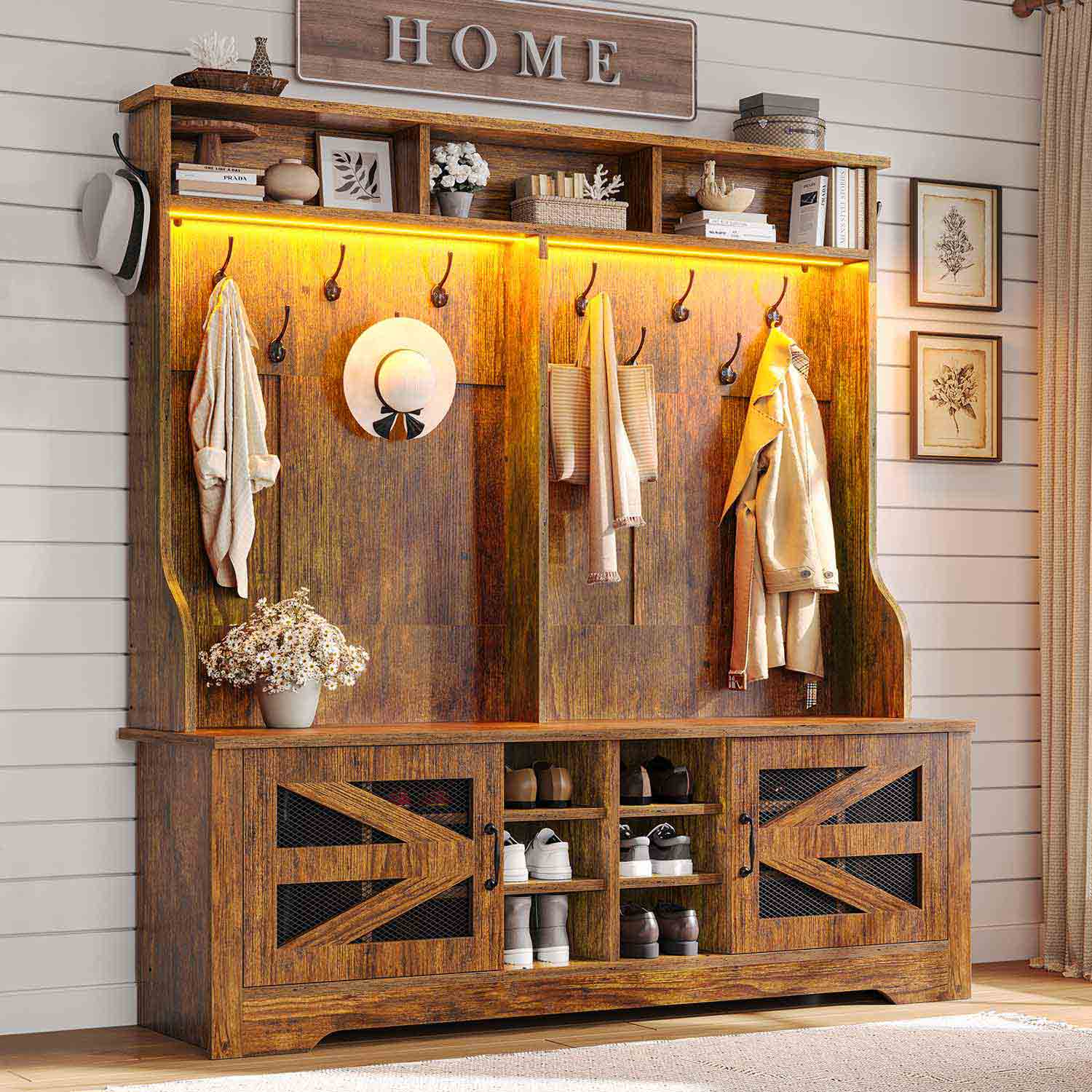 Sikaic Hall Tree 59.1 Inches 5-in-1 Hall Tree with Bench and 16 Shoe Cubbies Coat Hooks Barn Door & Adjustable Shelf Rustic Brown