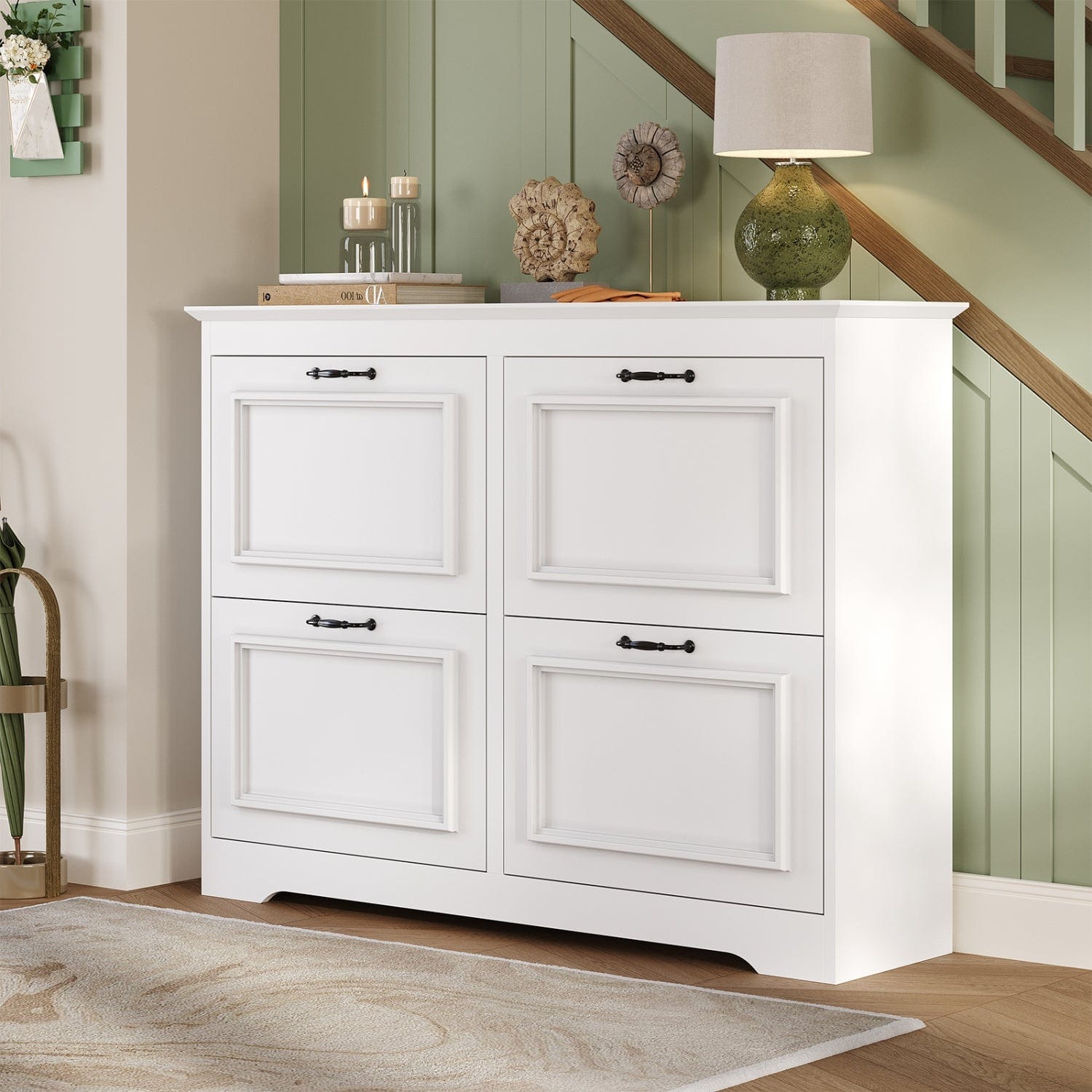 Sikaic Shoe Benches Shoe Benches with 4 Flip Drawers White White / Engineered Wood / Modern
