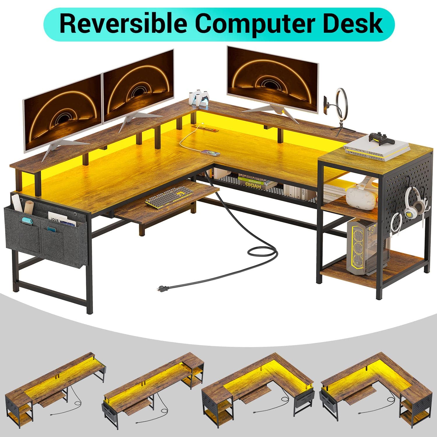 Sikaic L Shaped Reversible LED Gaming Desk with Power Outlets Strip Monitor Shelf Keyboard Tray Pegboard and Storage Shelves Brown