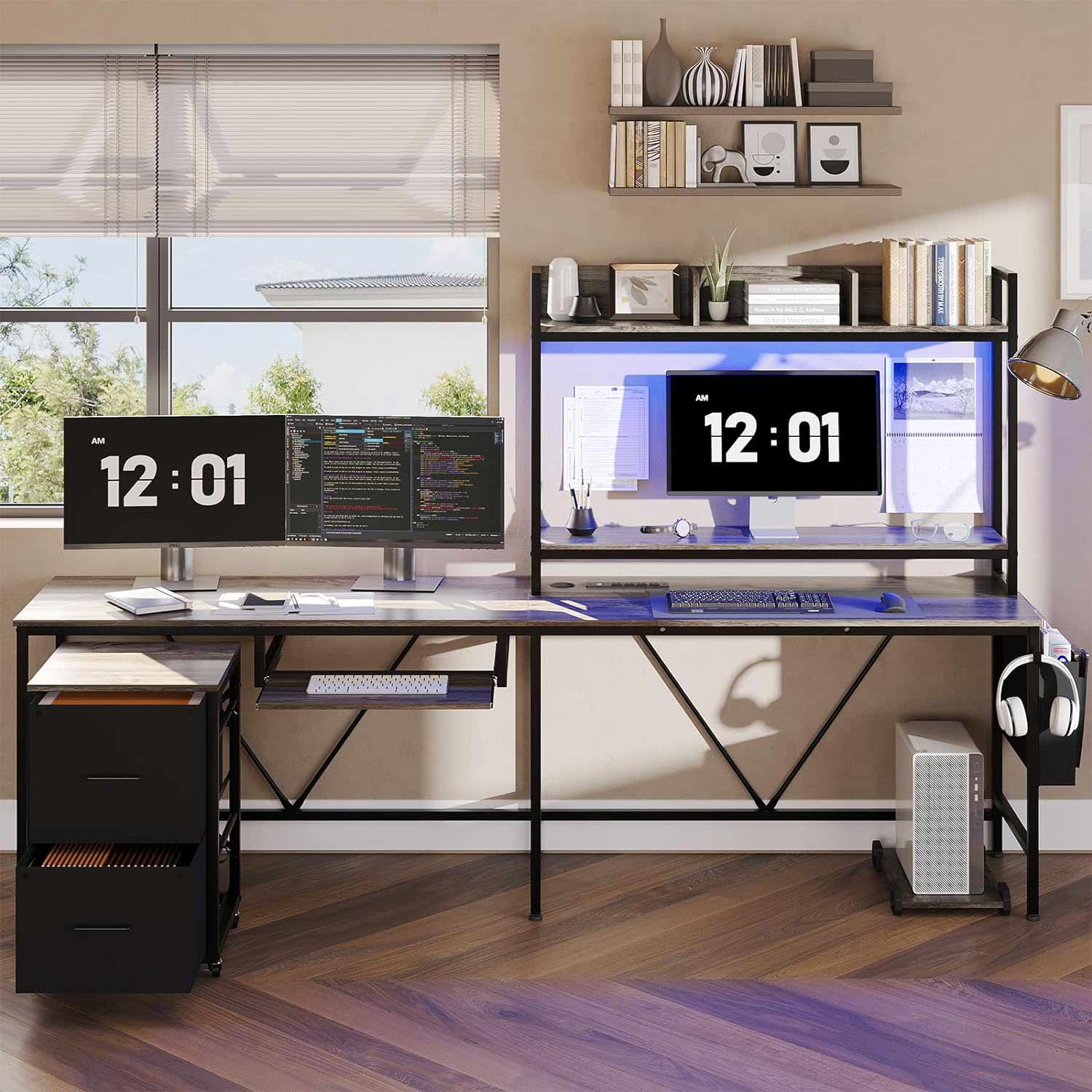 Sikaic Gaming Desk 67 Inches Led L Shaped Reversible Corner Gaming Desk with Power Outlet & Drawer File Cabinet Keyboard Tray Dark Grey