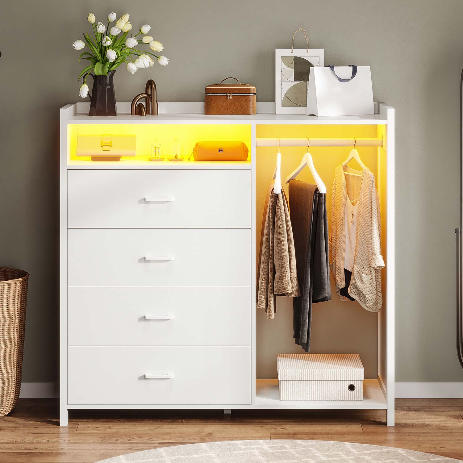 Sikaic Dresser 4 Drawers Long LED Lights Dresser with A Clothes Rack & Anti-Toppling Measures White