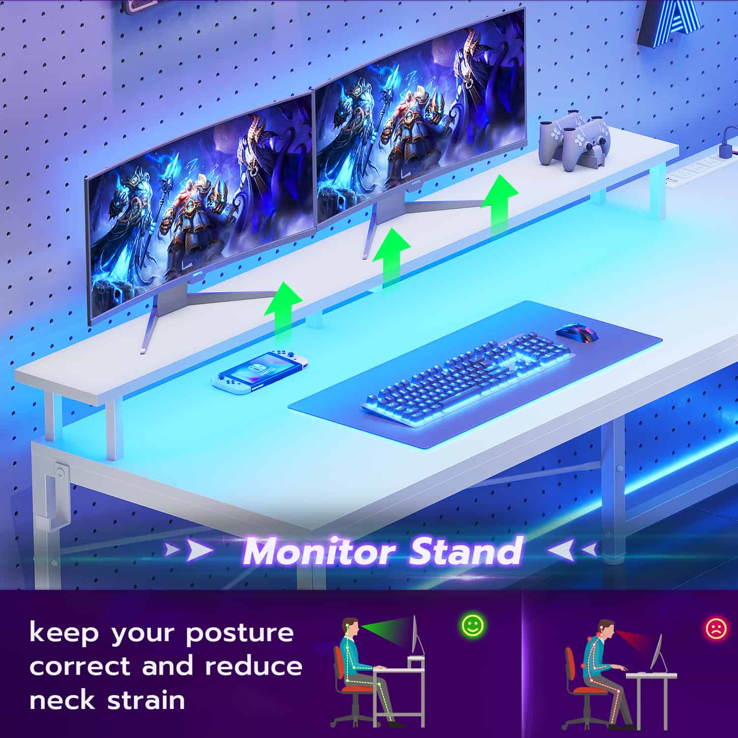 Sikaic Gaming Desk 51 Inches Reversible LED Lights L Shaped Gaming Desk with Power Outlets & Fabric File Drawer Monitor Stand and Hooks White