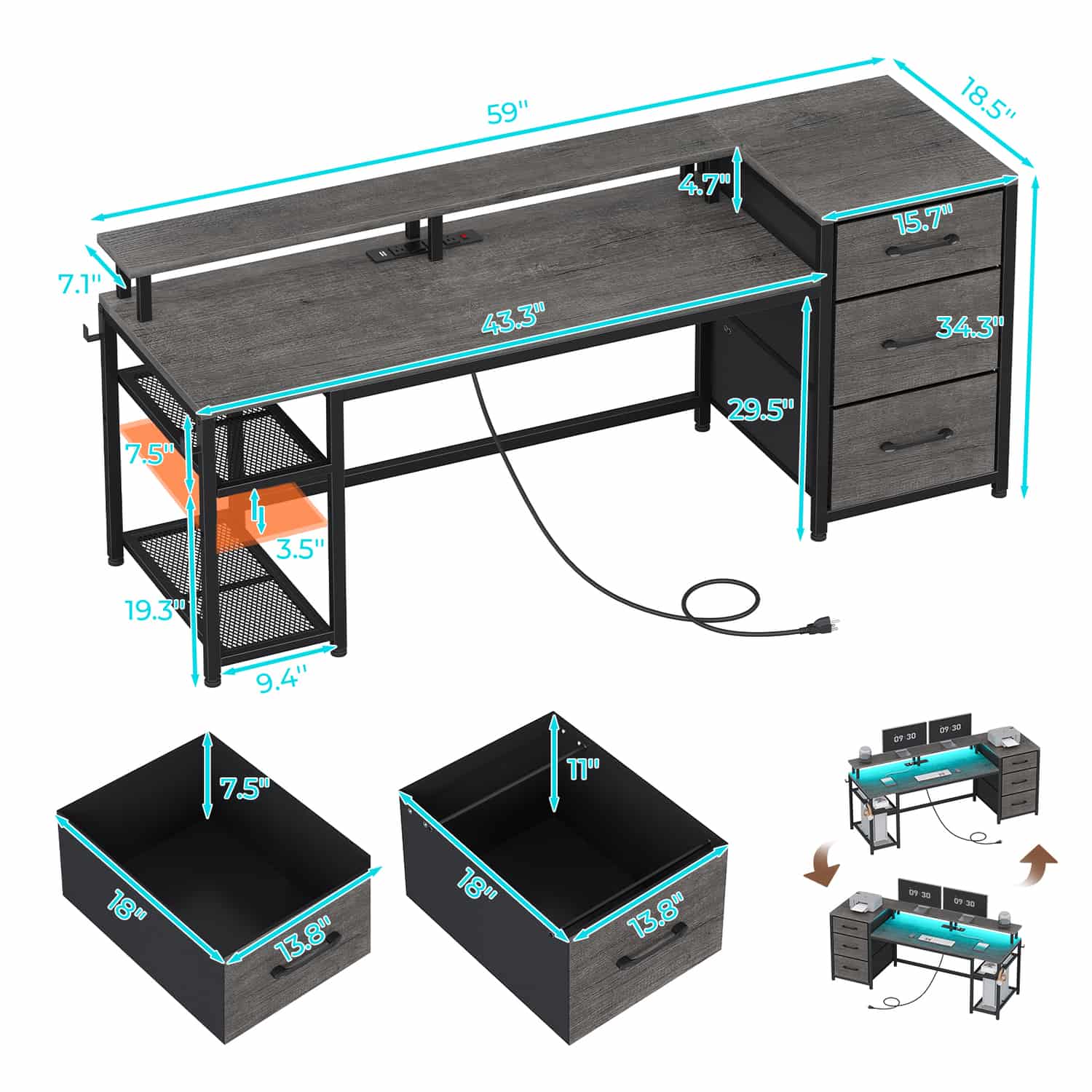 Sikaic Gaming Desk 59 Inches Reversible Gaming Desk with LED Lights & Power Outlet File Drawers and Storage Grey