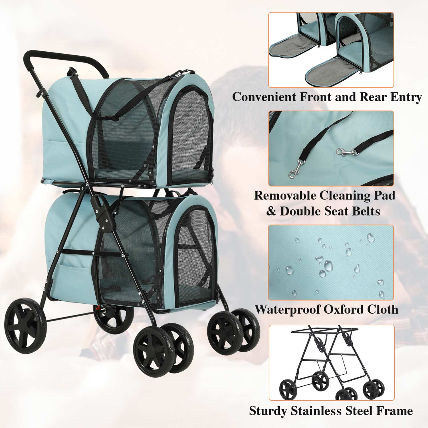 Sikaic Pet Stroller 4-in-1 Pet Strollers for Small Medium Pets 4 Lockable Wheels Light Blue