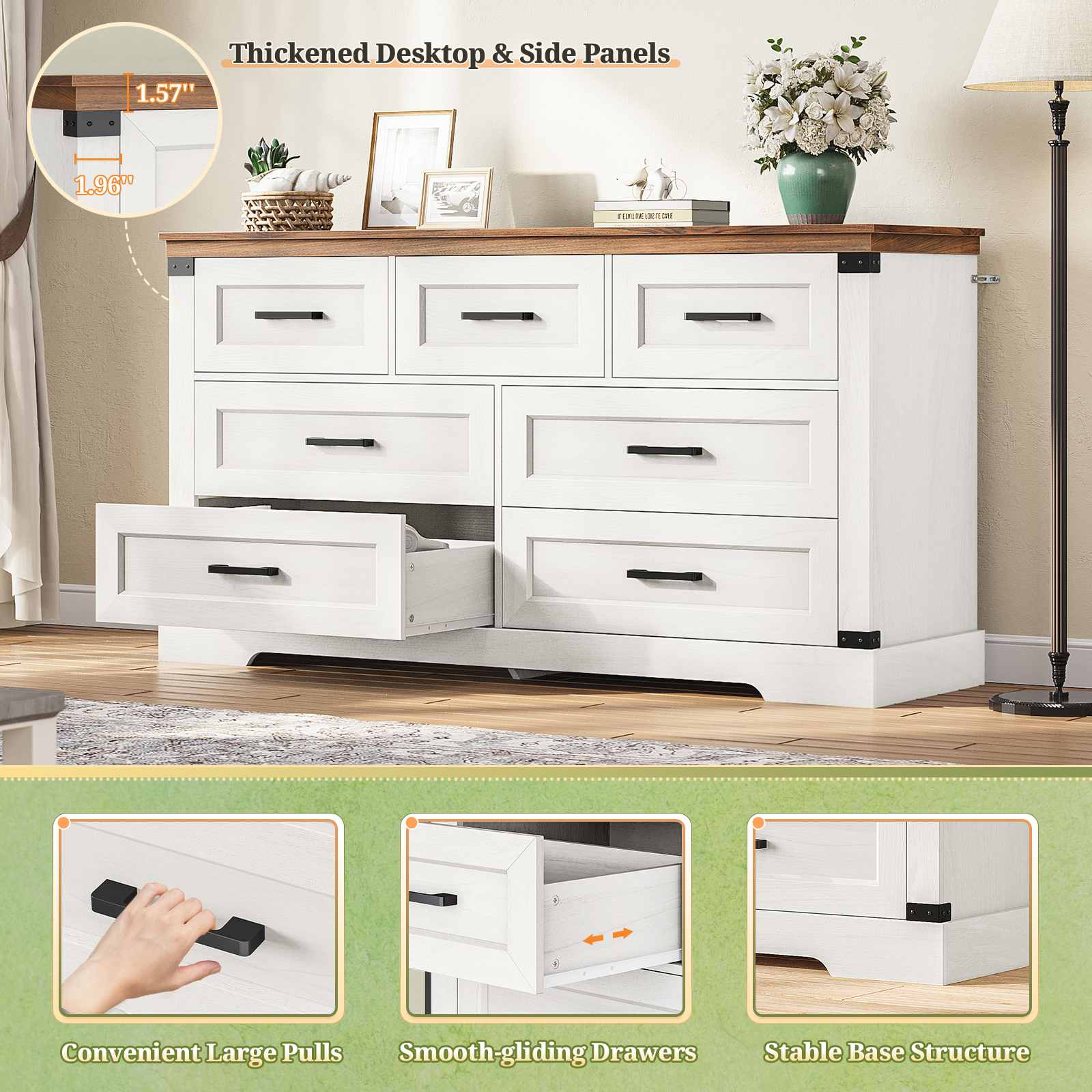 Sikaic Dresser Large Multifunctional Dresser with 7 Drawers White White / Engineered Wood / Farmhouse