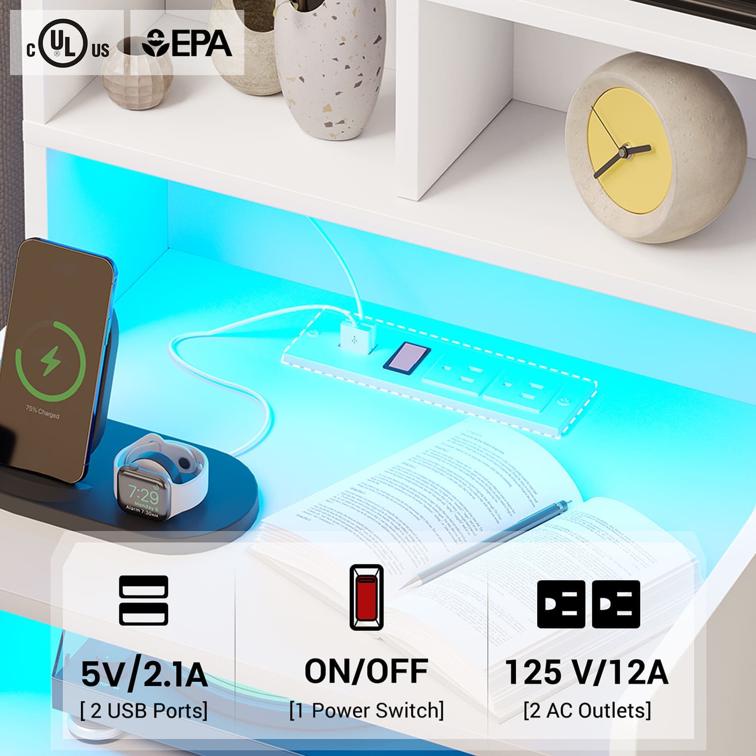 Sikaic Nightstand LED Nightstand with Bookshelf Charging Station White